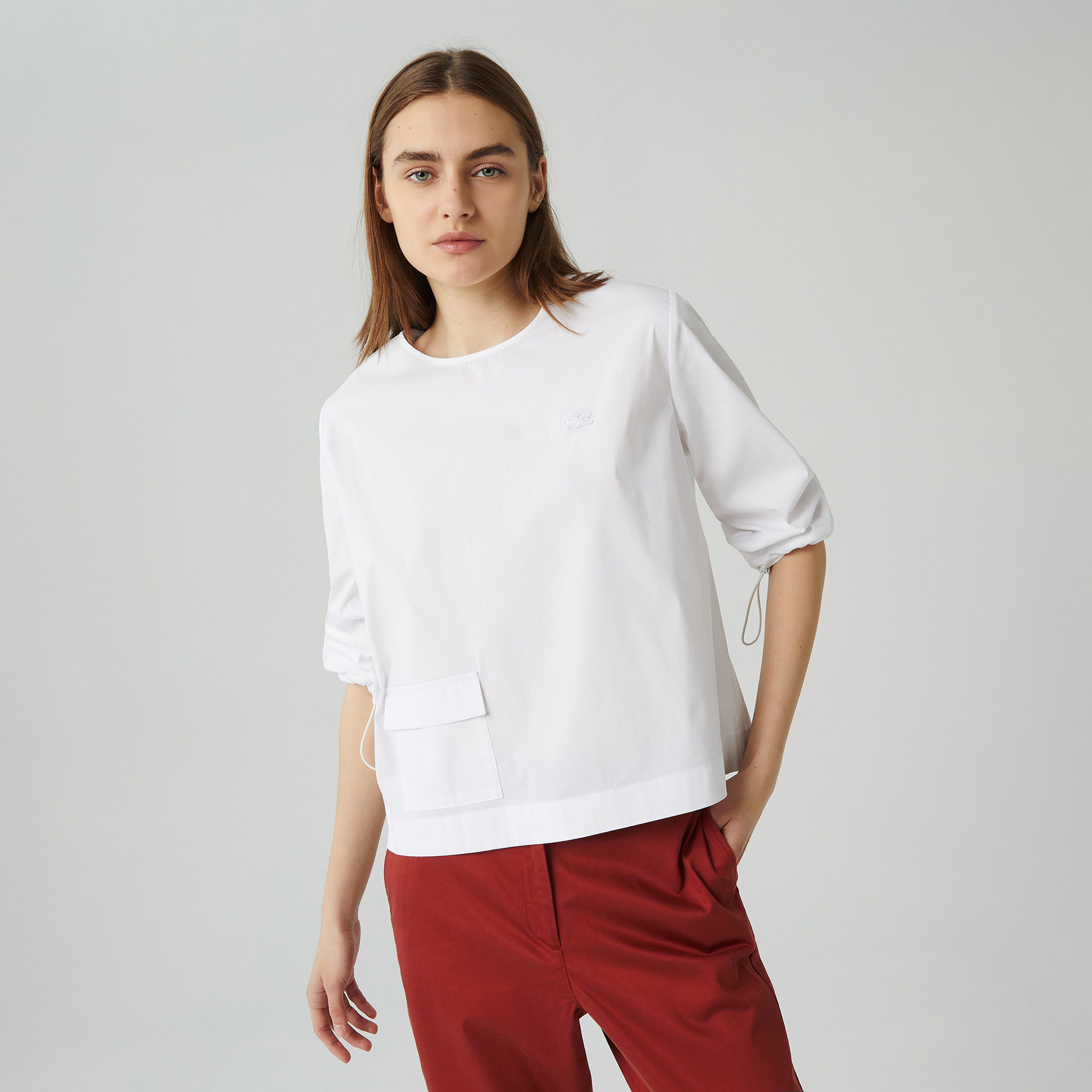 Lacoste Kadın Relaxed Fit Truvakar Kollu Bisiklet Yaka Beyaz Bluz