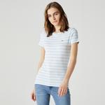Kadın Slim Fit Bisiklet Yaka Çizgili Mavi T-Shirt