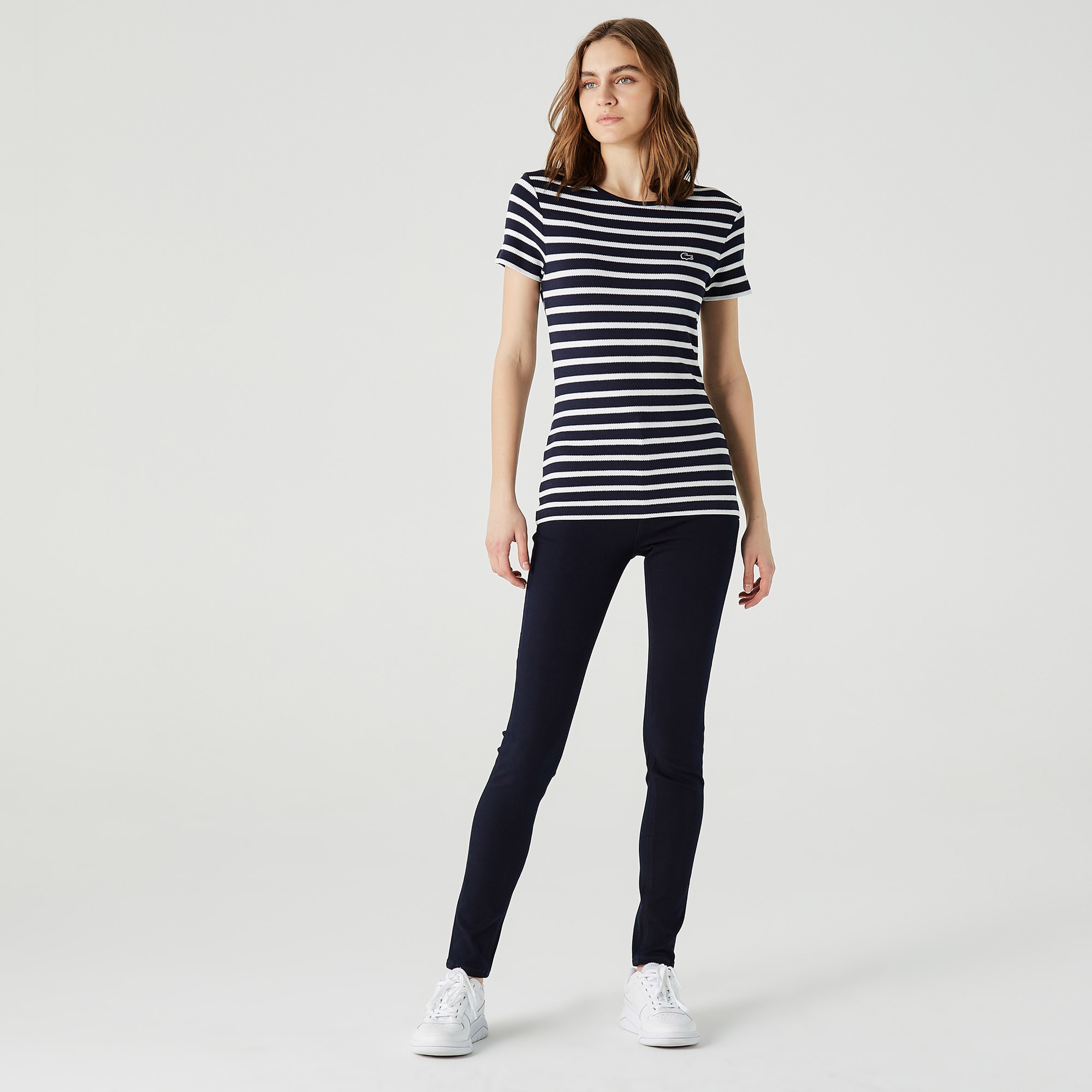 Kadın Slim Fit Bisiklet Yaka Çizgili Lacivert T-Shirt