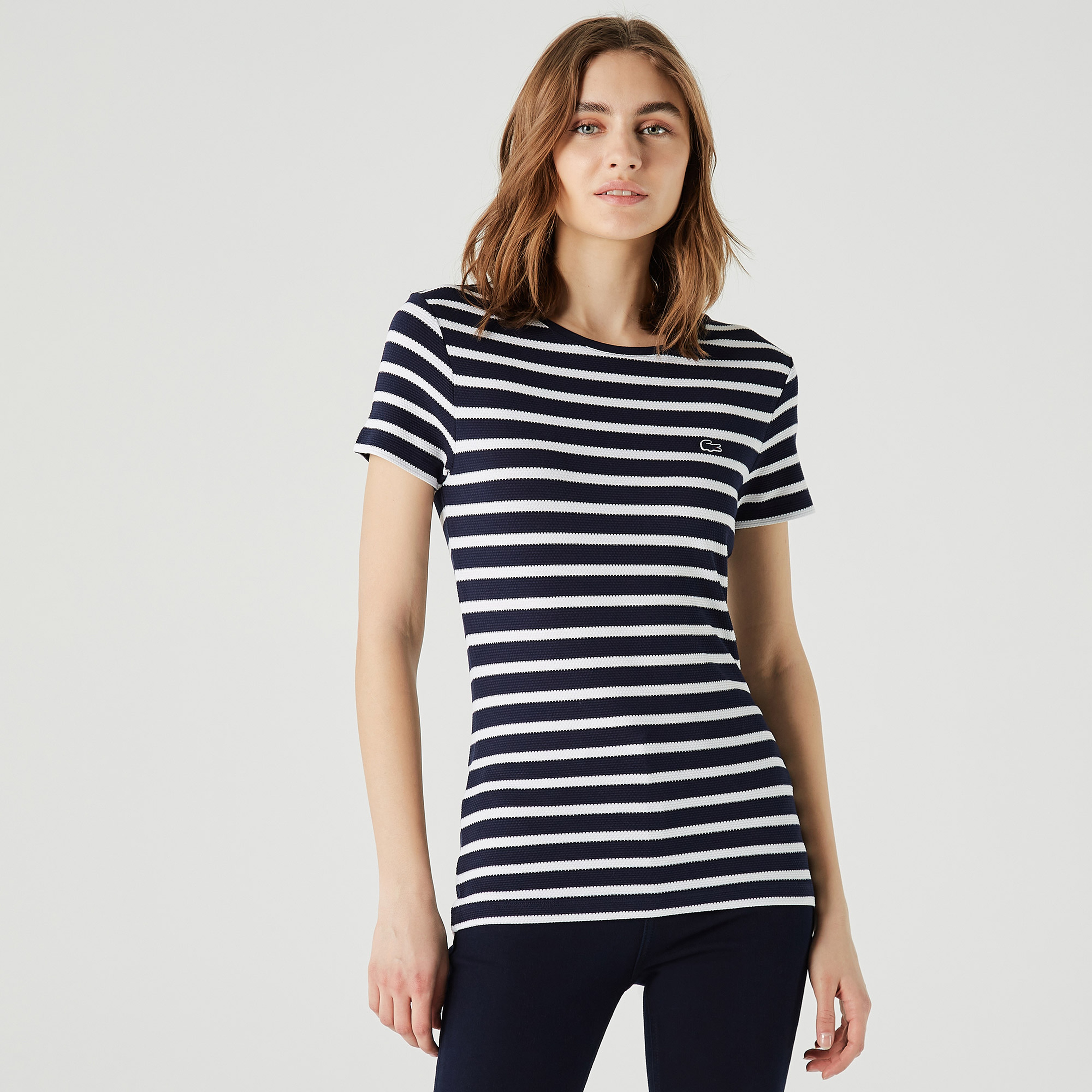 Kadın Slim Fit Bisiklet Yaka Çizgili Lacivert T-Shirt