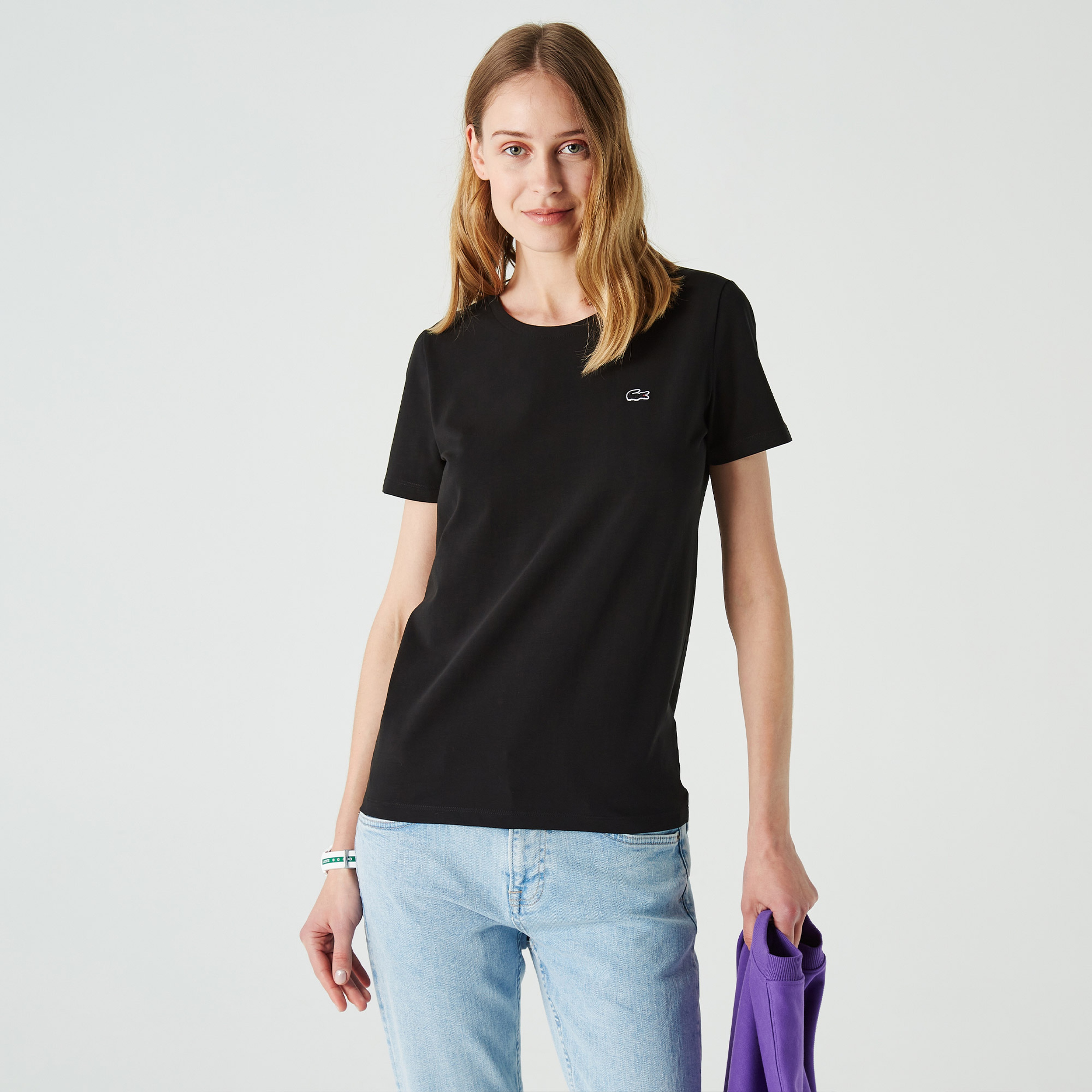 Lacoste Kadın Slim Fit Bisiklet Yaka Siyah T-Shirt