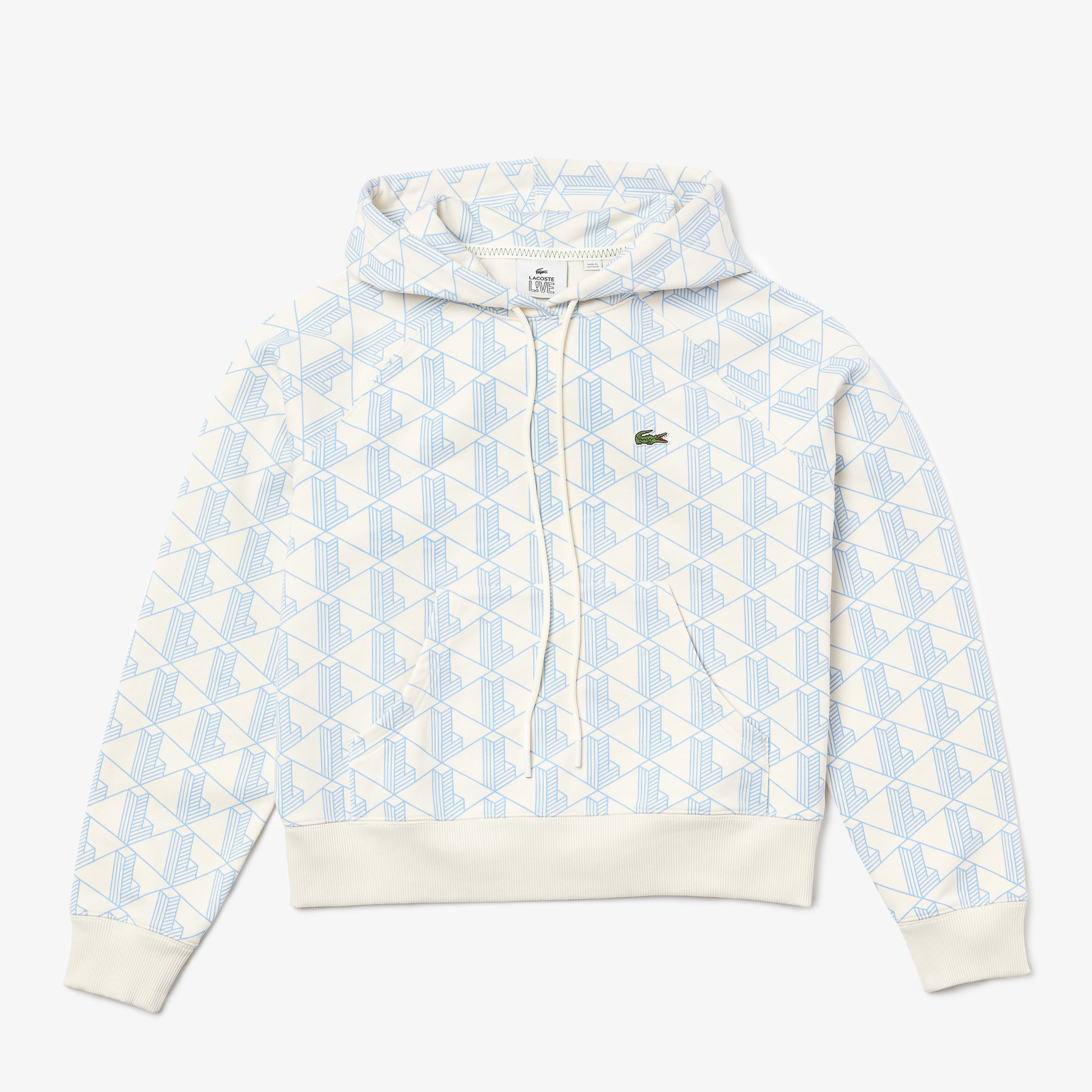Lacoste L!VE Kadın Relaxed Fit Kapüşonlu Desenli Açık Mavi Sweatshirt