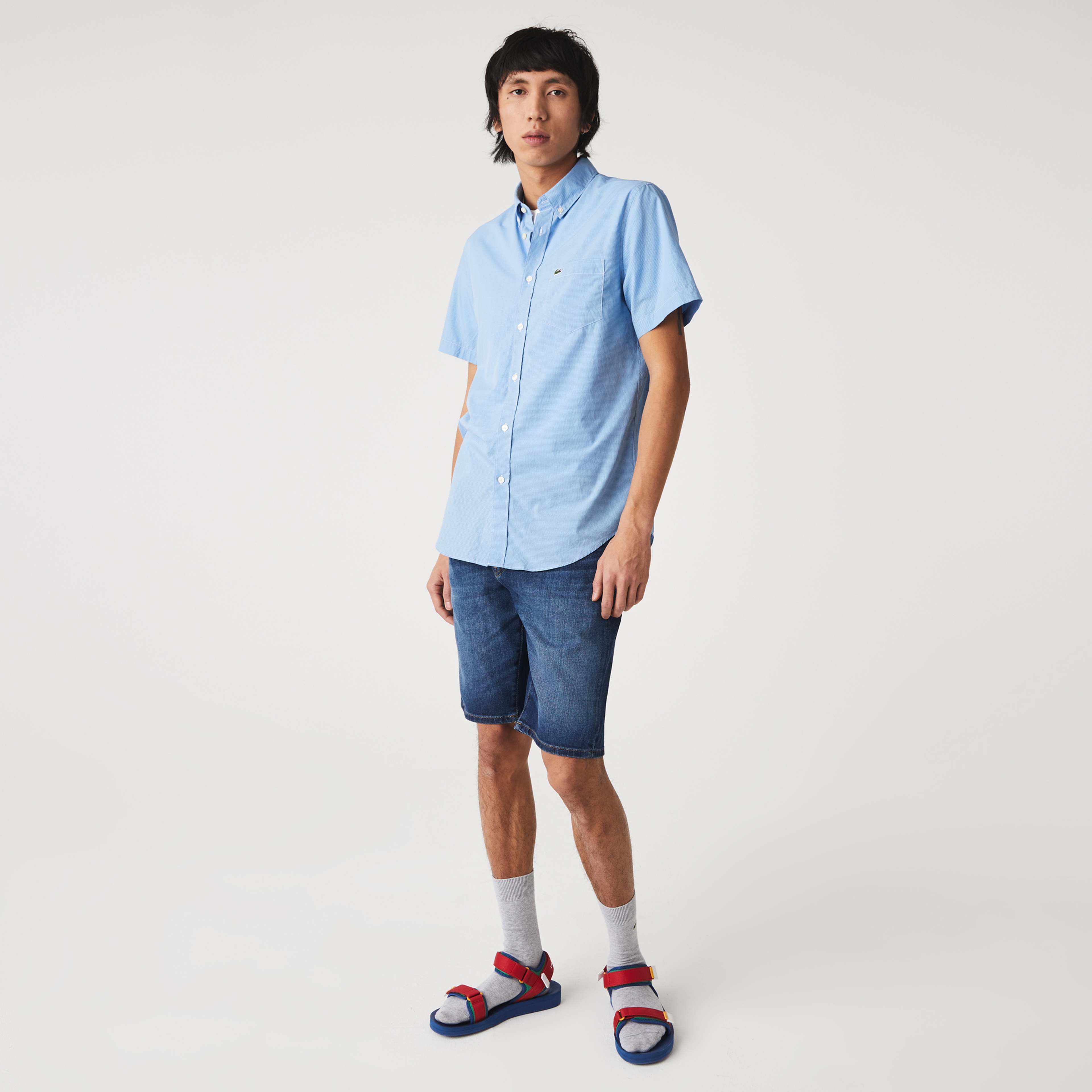 Lacoste Erkek Regular Fit Kısa Kollu Çizgili Mavi Gömlek