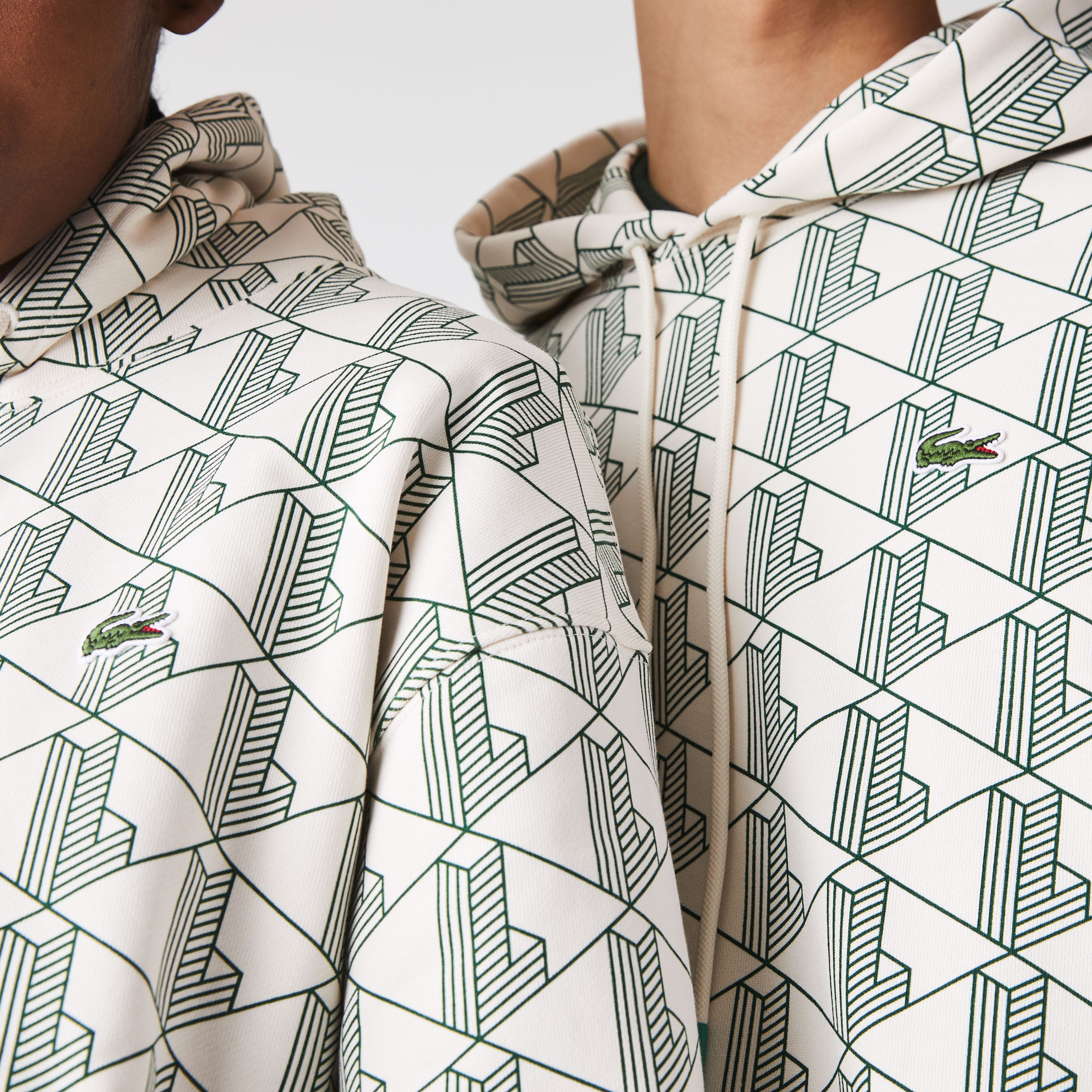 Lacoste L!VE Unisex Relaxed Fit Kapüşonlu Monogram Bej Sweatshirt