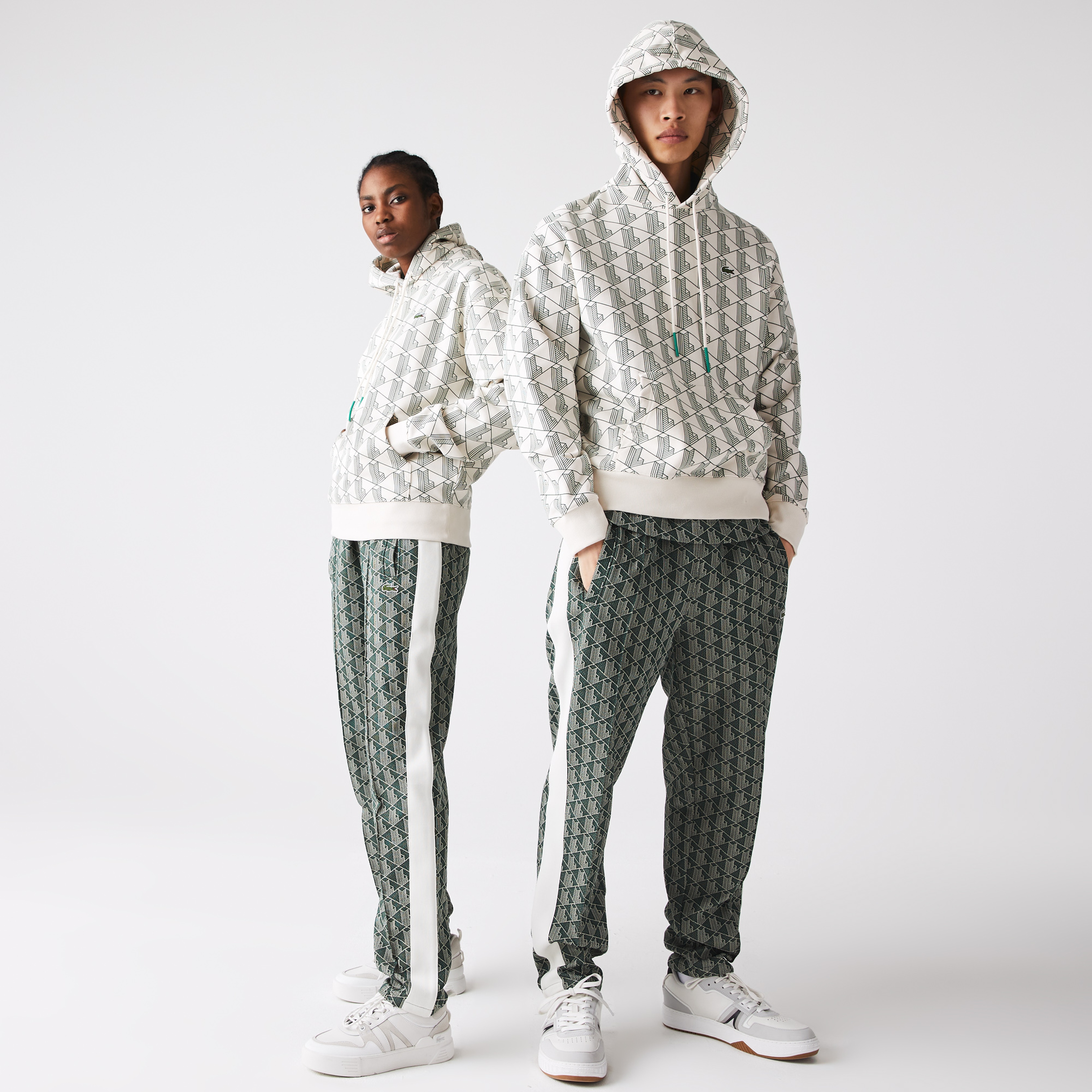 Lacoste L!VE Unisex Relaxed Fit Kapüşonlu Monogram Bej Sweatshirt