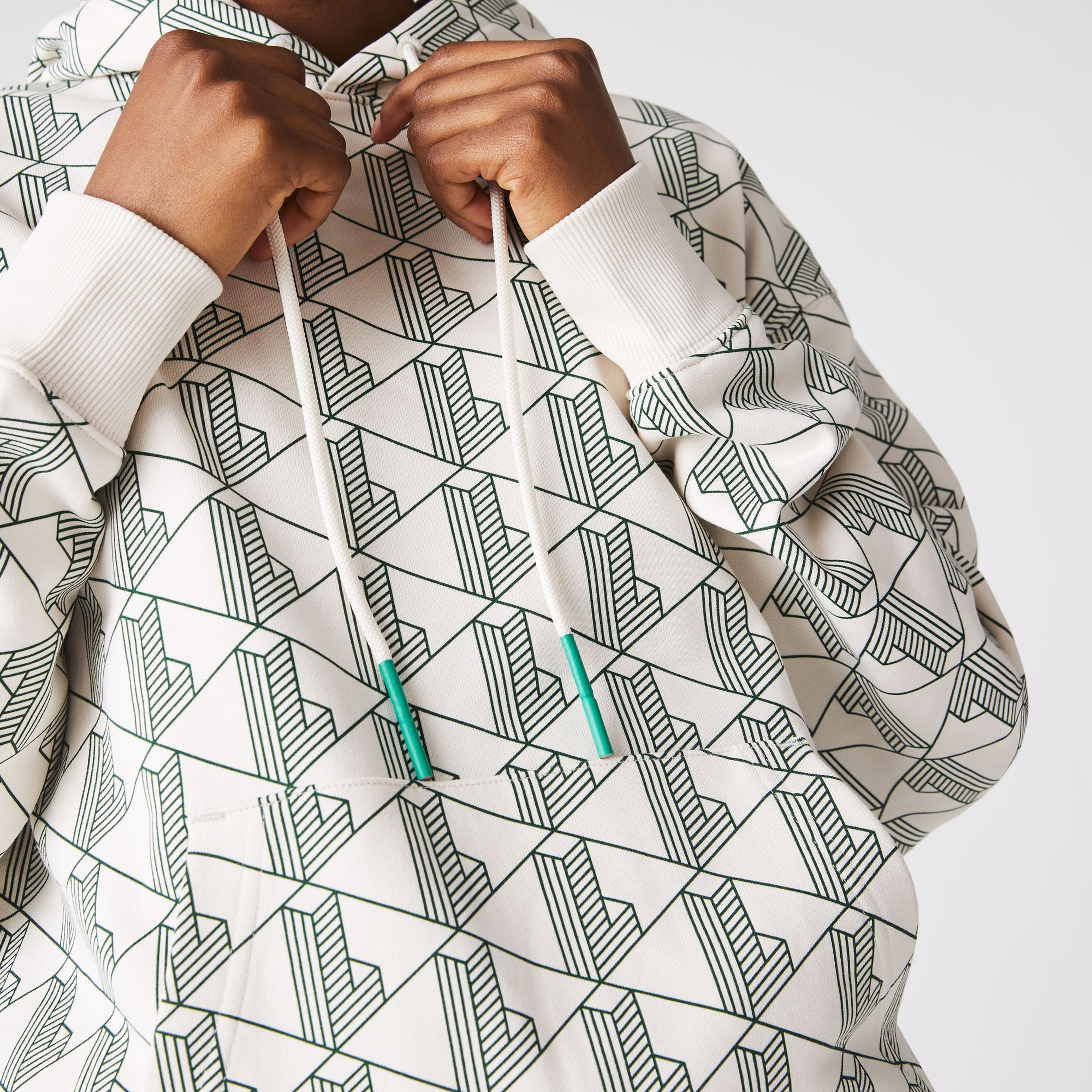 Lacoste L!VE Unisex Relaxed Fit Kapüşonlu Monogram Bej Sweatshirt