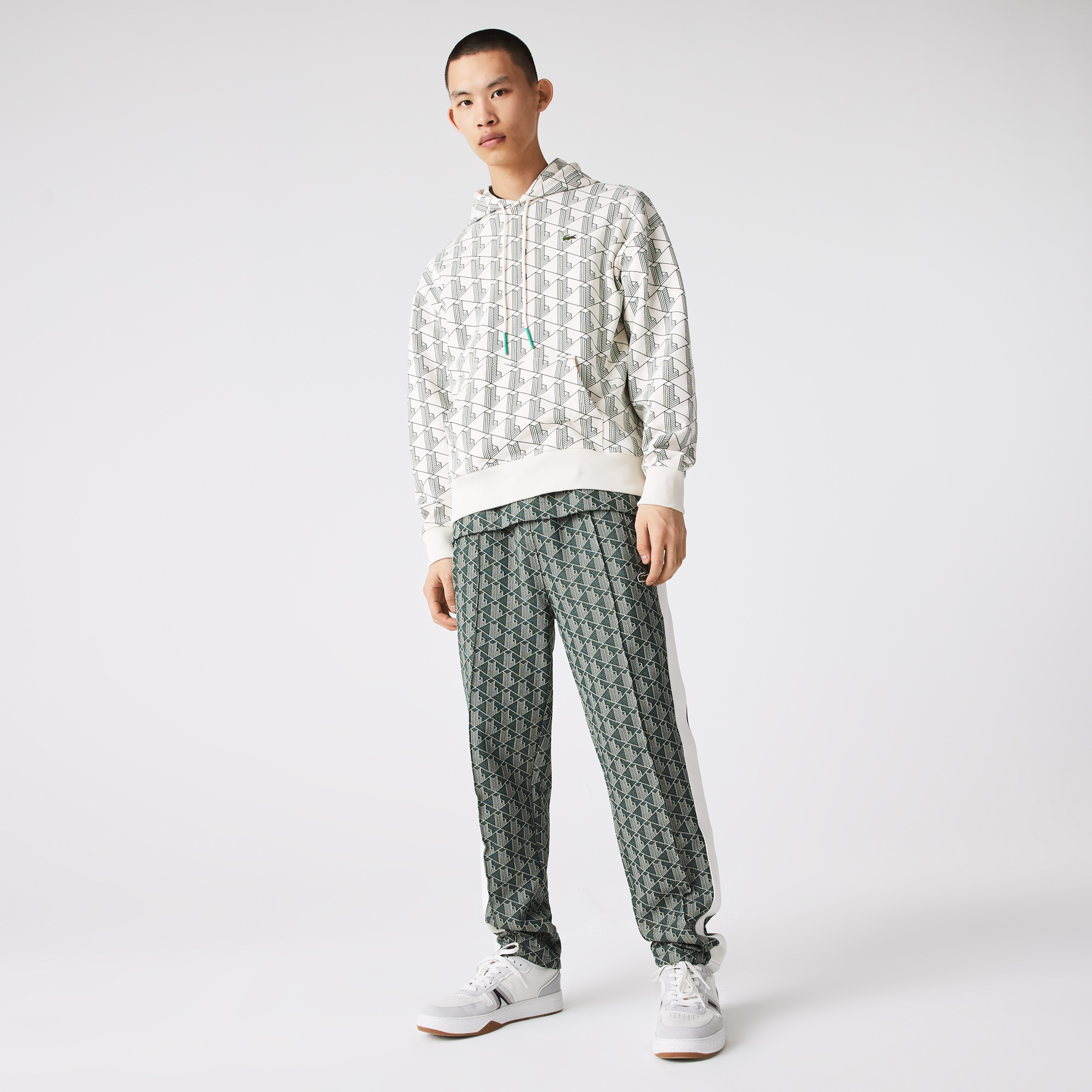 Lacoste L!VE Unisex Relaxed Fit Kapüşonlu Monogram Bej Sweatshirt