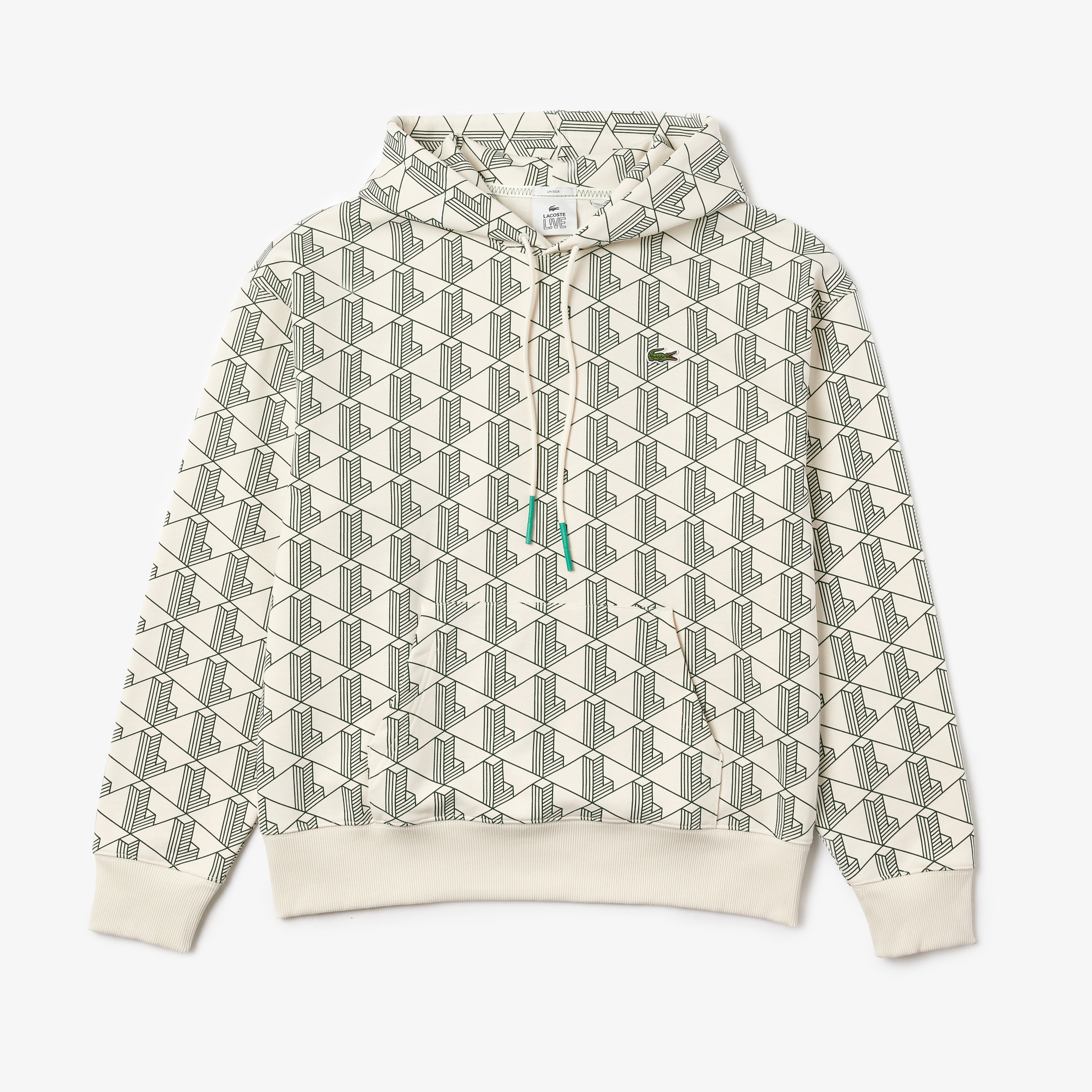 Lacoste L!VE Unisex Relaxed Fit Kapüşonlu Monogram Bej Sweatshirt