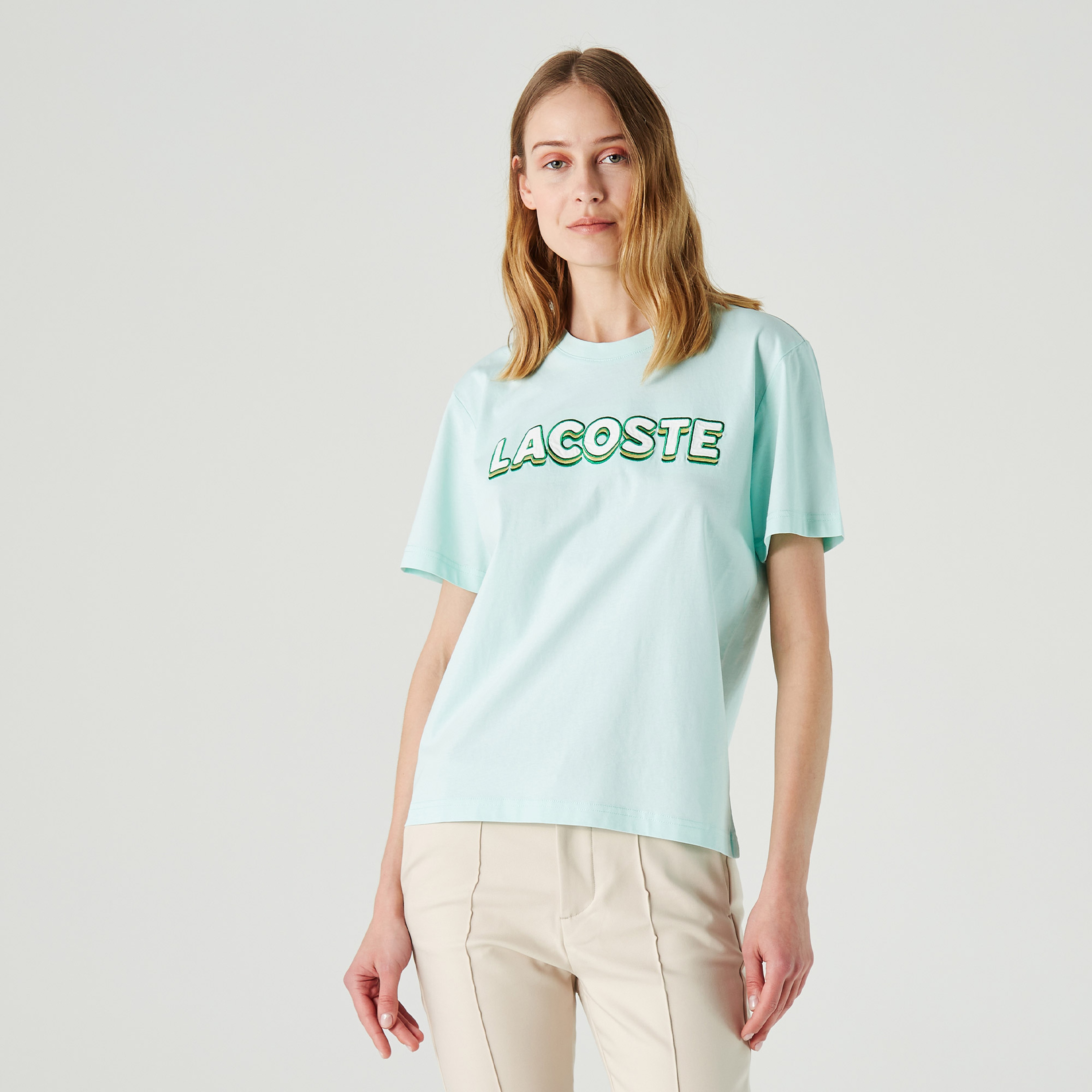 Lacoste Kadın Relaxed Fit Bisiklet Yaka Baskılı Açık Mavi T-Shirt