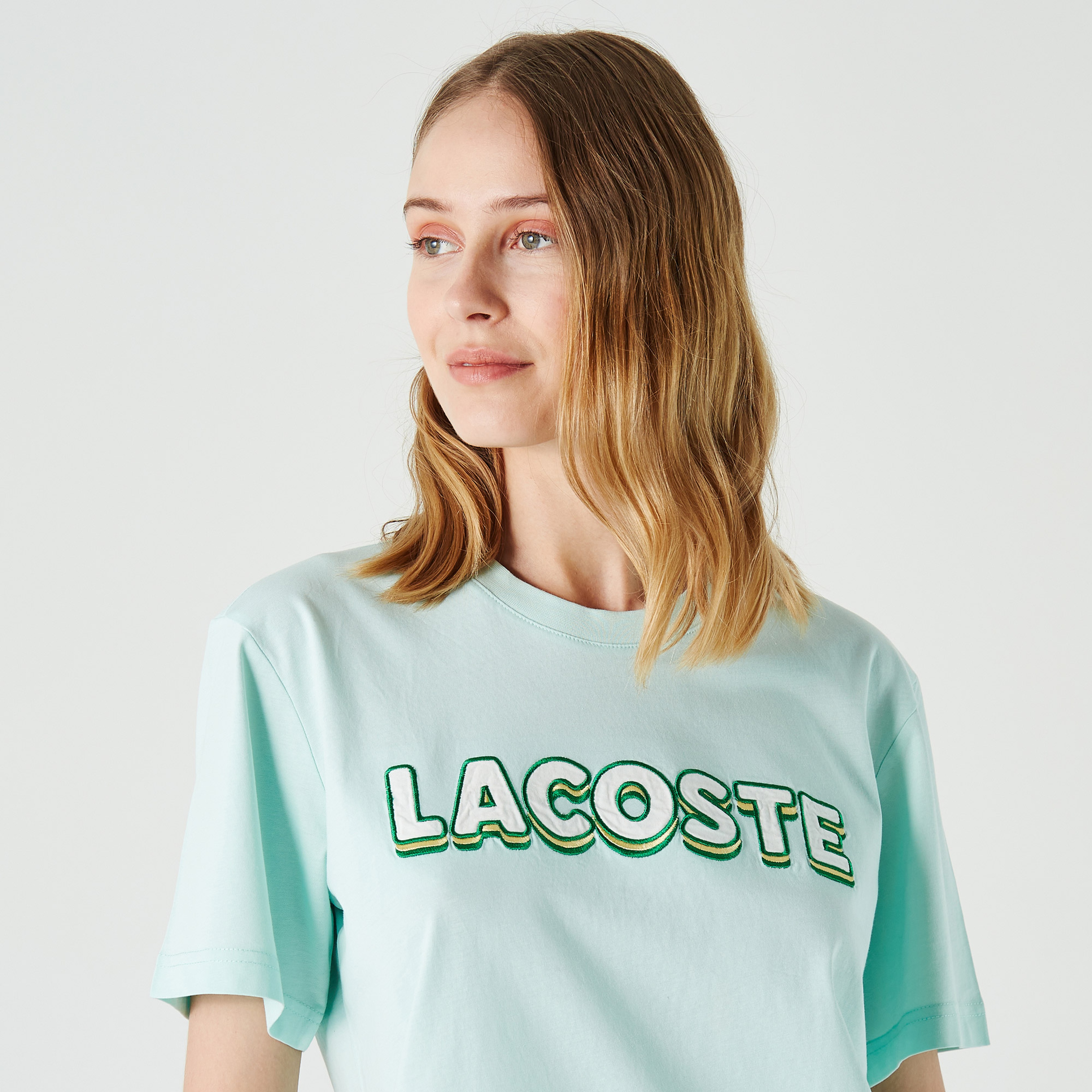 Lacoste Kadın Relaxed Fit Bisiklet Yaka Baskılı Açık Mavi T-Shirt
