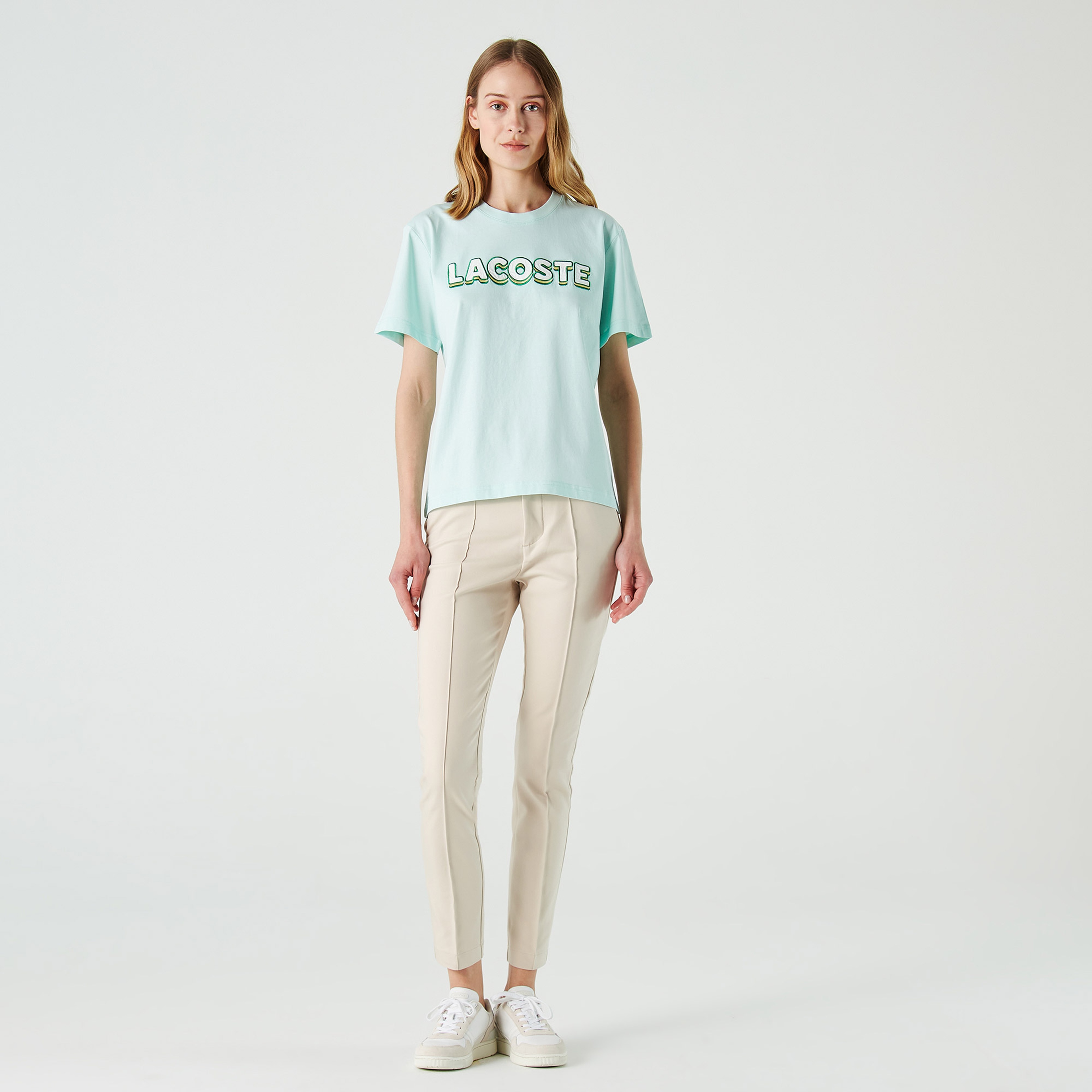 Lacoste Kadın Relaxed Fit Bisiklet Yaka Baskılı Açık Mavi T-Shirt