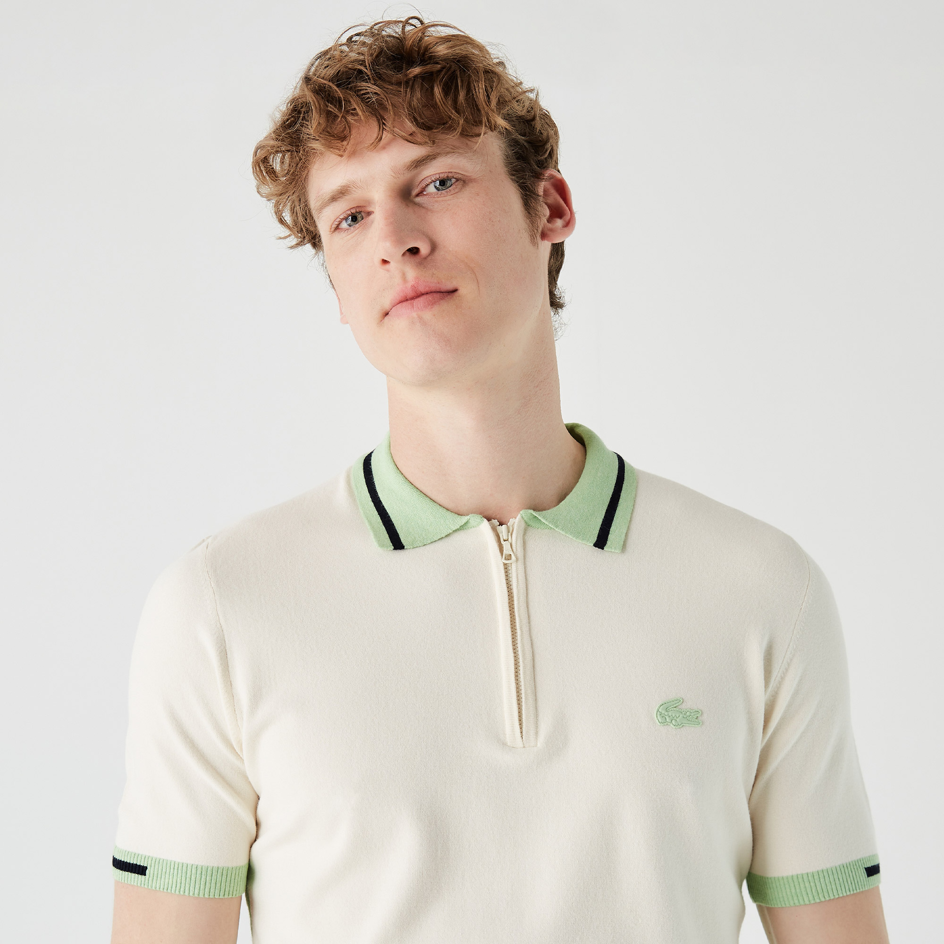 Lacoste Erkek Kısa Kollu Fermuarlı Polo Yaka Beyaz Triko