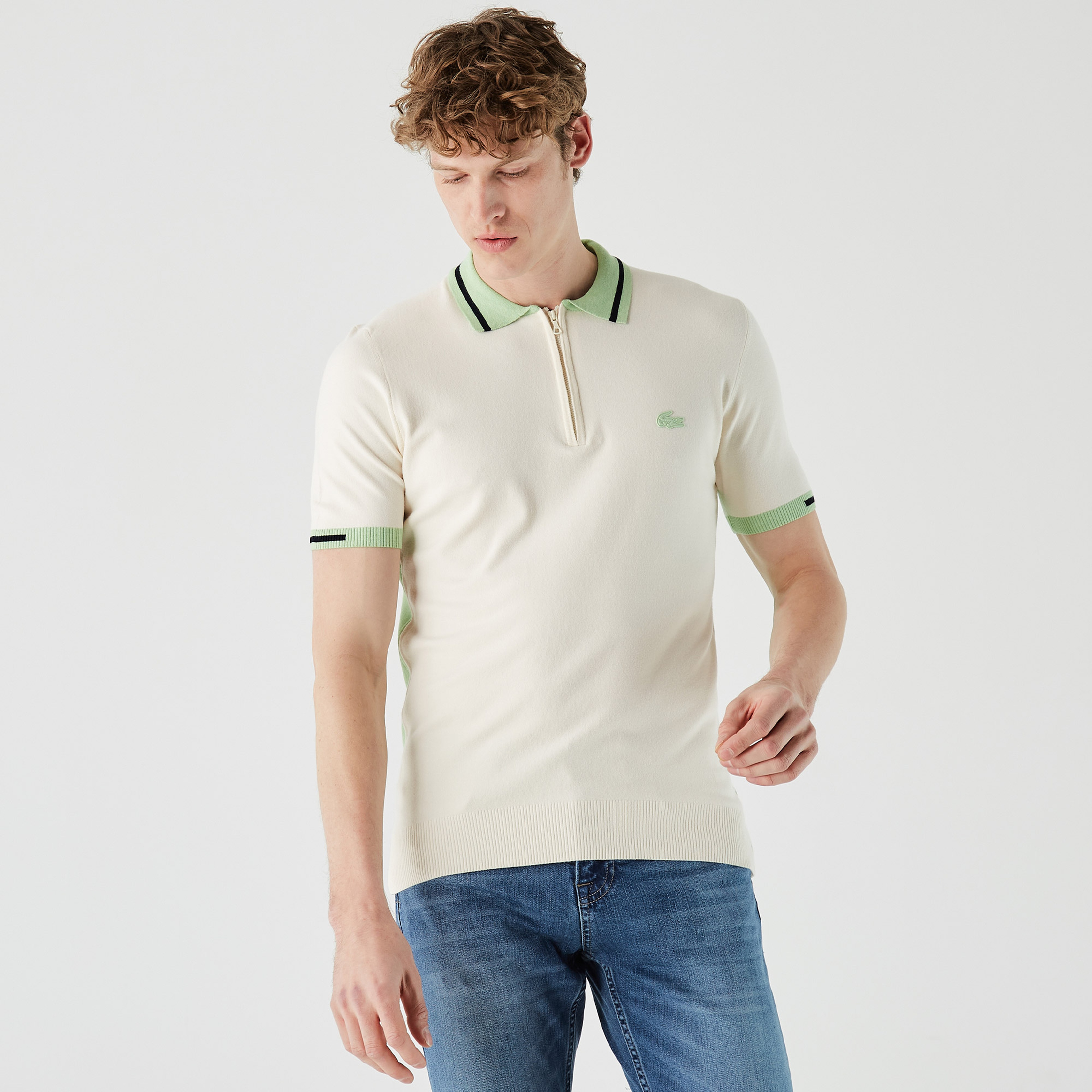 Lacoste Erkek Kısa Kollu Fermuarlı Polo Yaka Beyaz Triko
