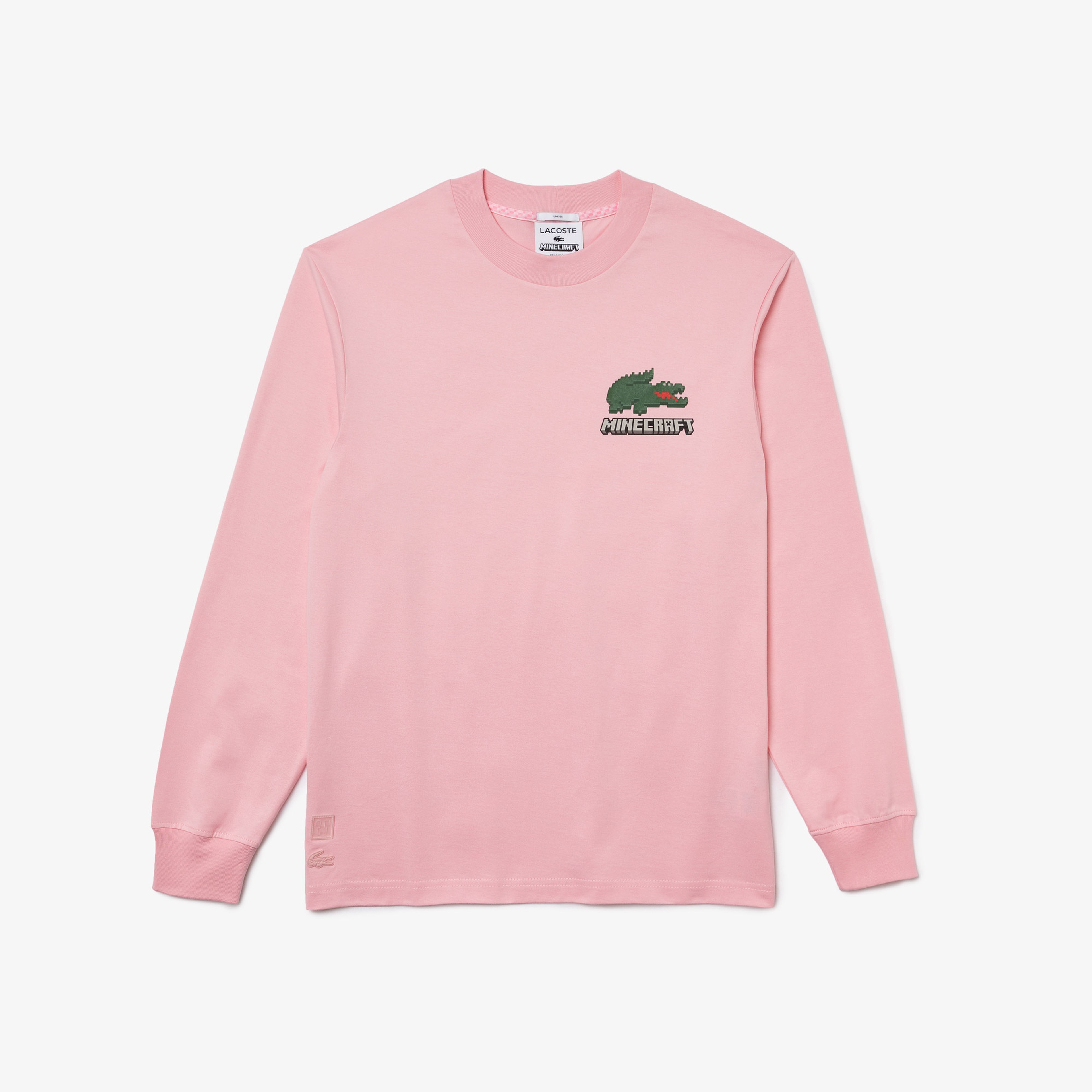 Lacoste X Minecraft Erkek Relaxed Fit Uzun Kollu Bisiklet Yaka Baskılı Pembe T-Shirt