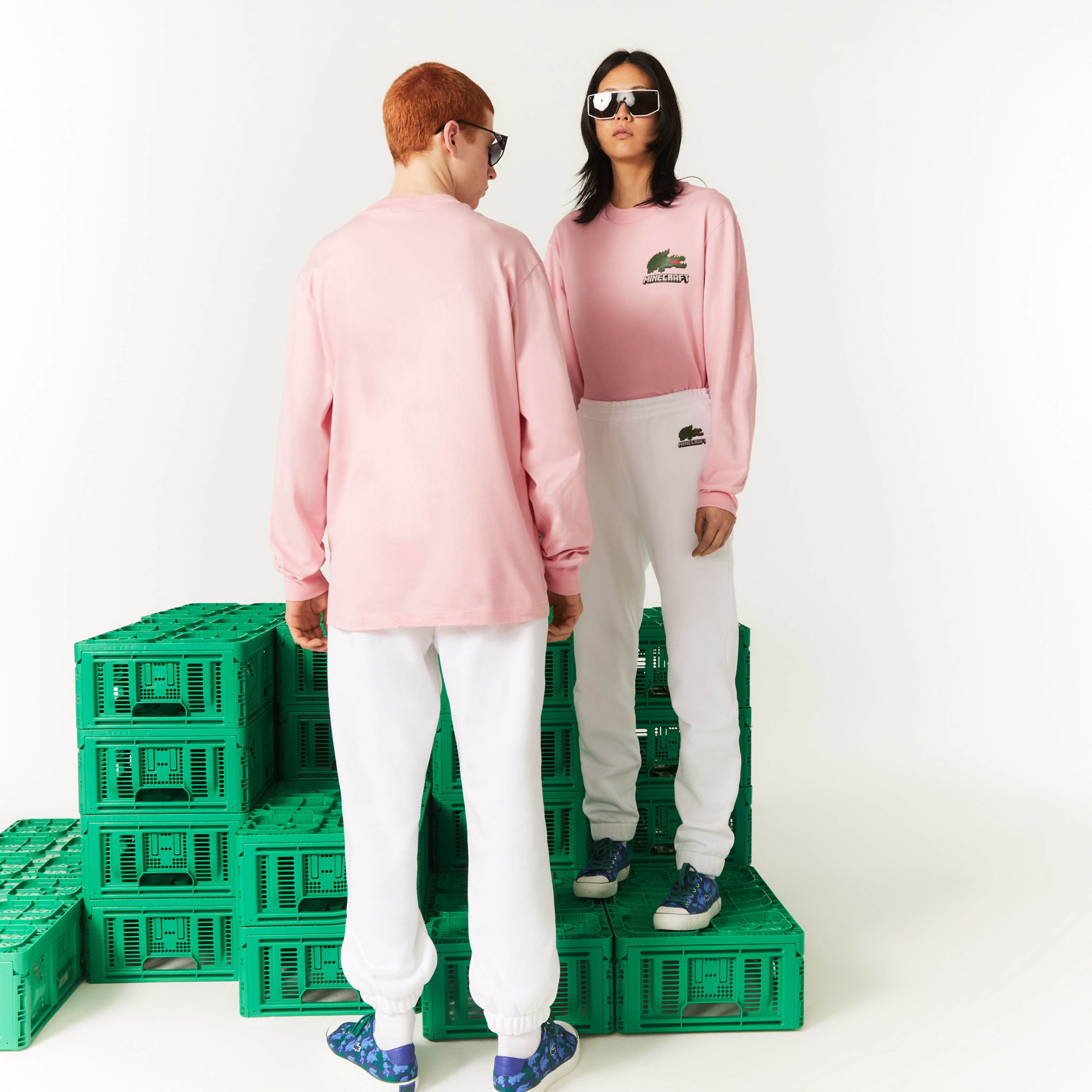 Lacoste X Minecraft Erkek Relaxed Fit Uzun Kollu Bisiklet Yaka Baskılı Pembe T-Shirt