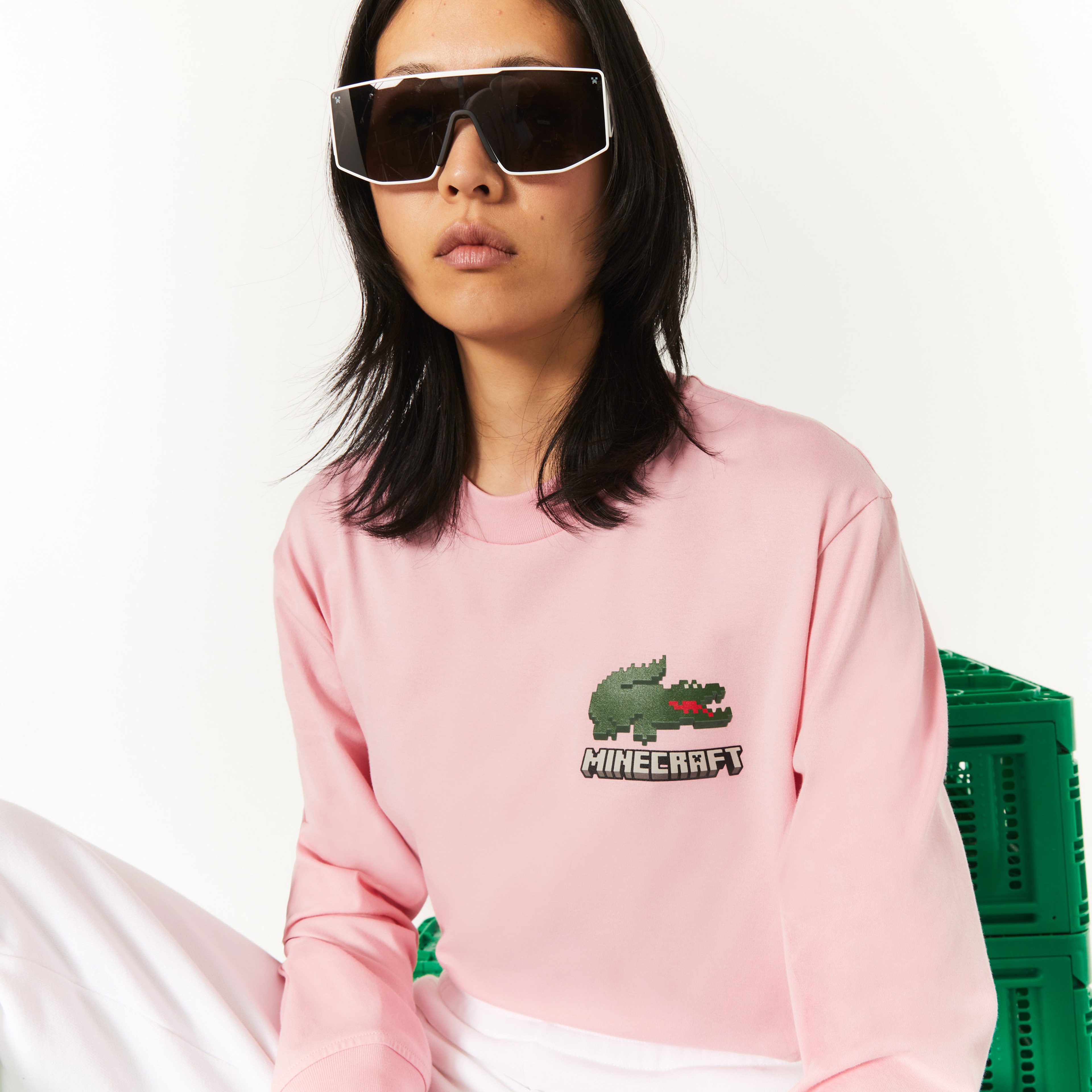 Lacoste X Minecraft Erkek Relaxed Fit Uzun Kollu Bisiklet Yaka Baskılı Pembe T-Shirt