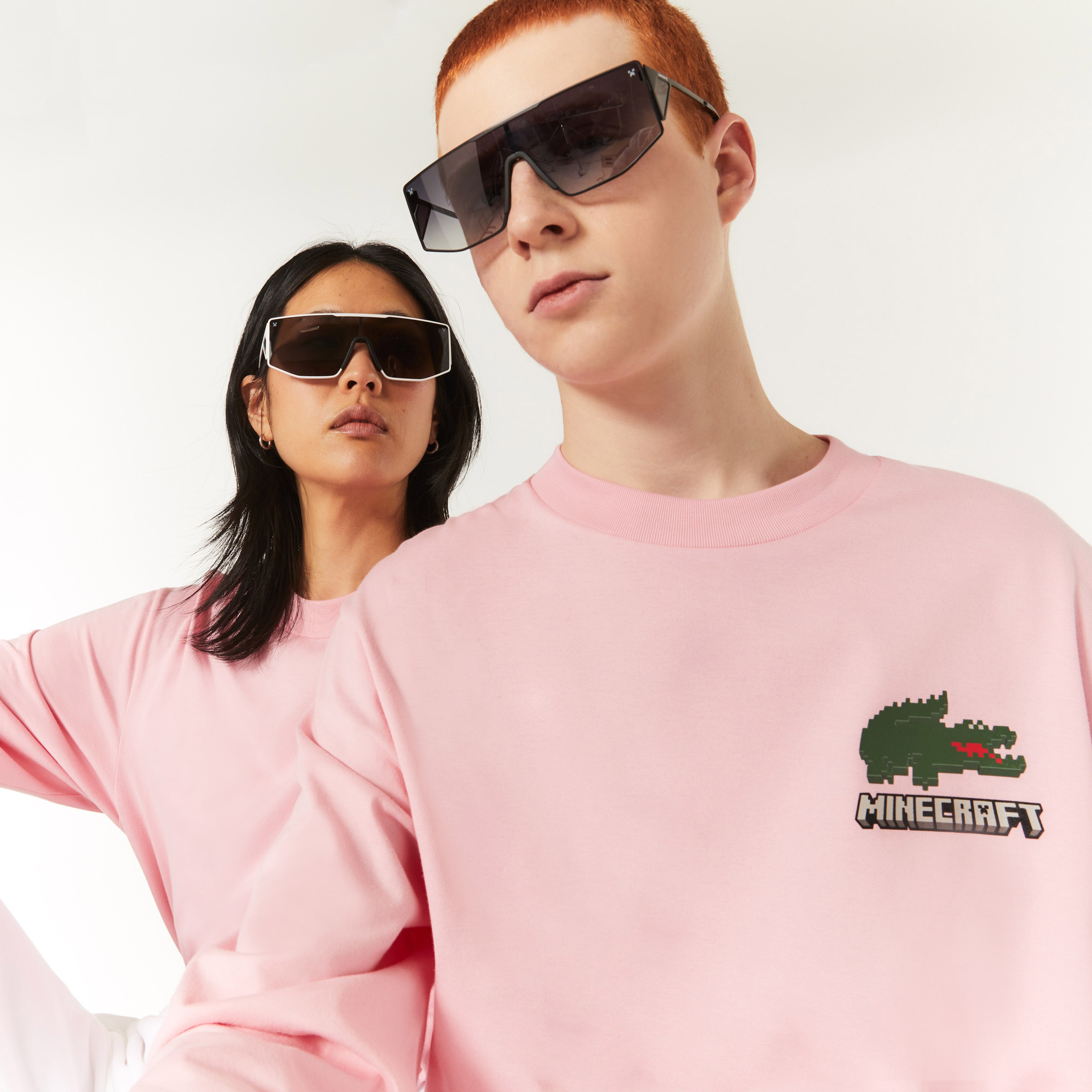 Lacoste X Minecraft Erkek Relaxed Fit Uzun Kollu Bisiklet Yaka Baskılı Pembe T-Shirt