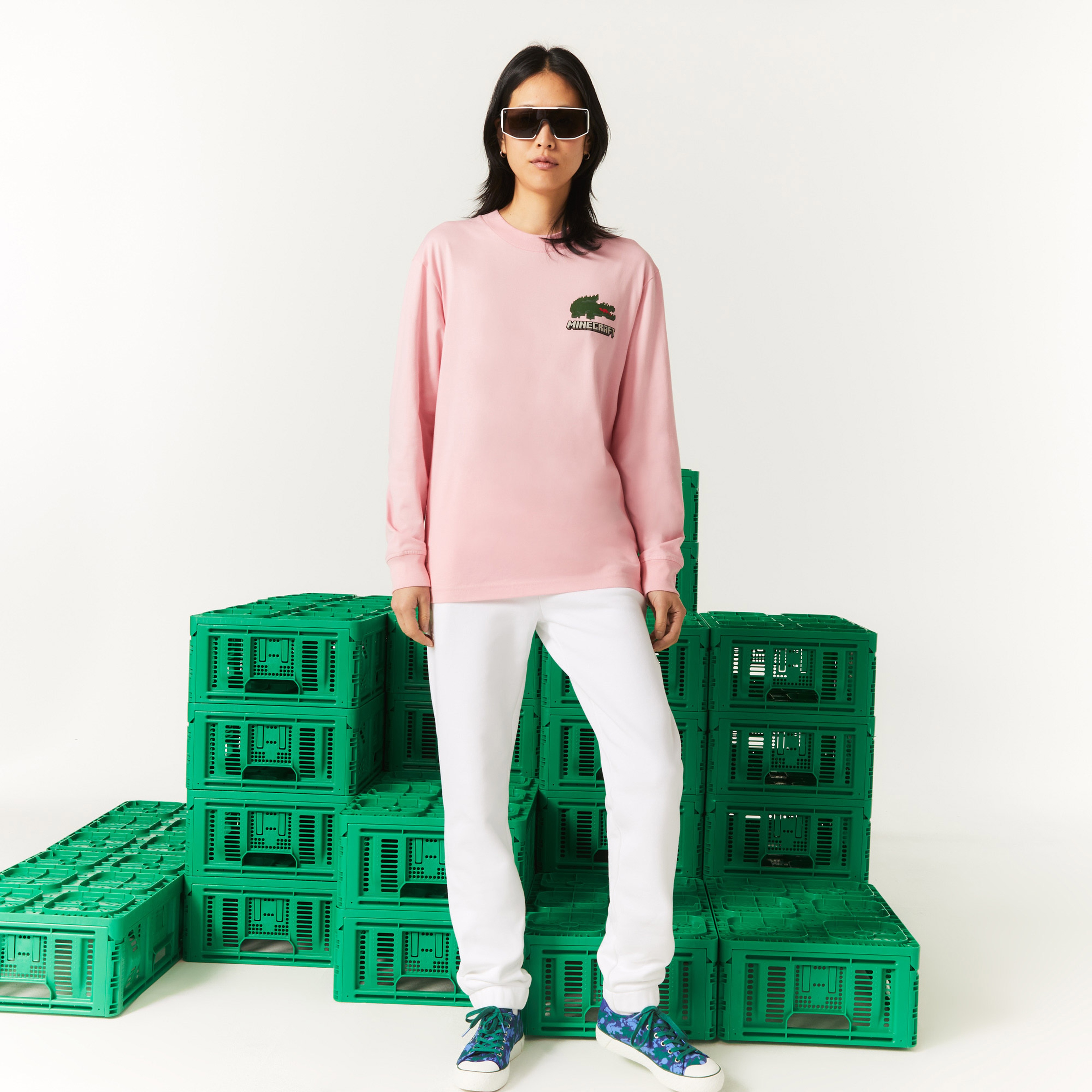 Lacoste X Minecraft Erkek Relaxed Fit Uzun Kollu Bisiklet Yaka Baskılı Pembe T-Shirt