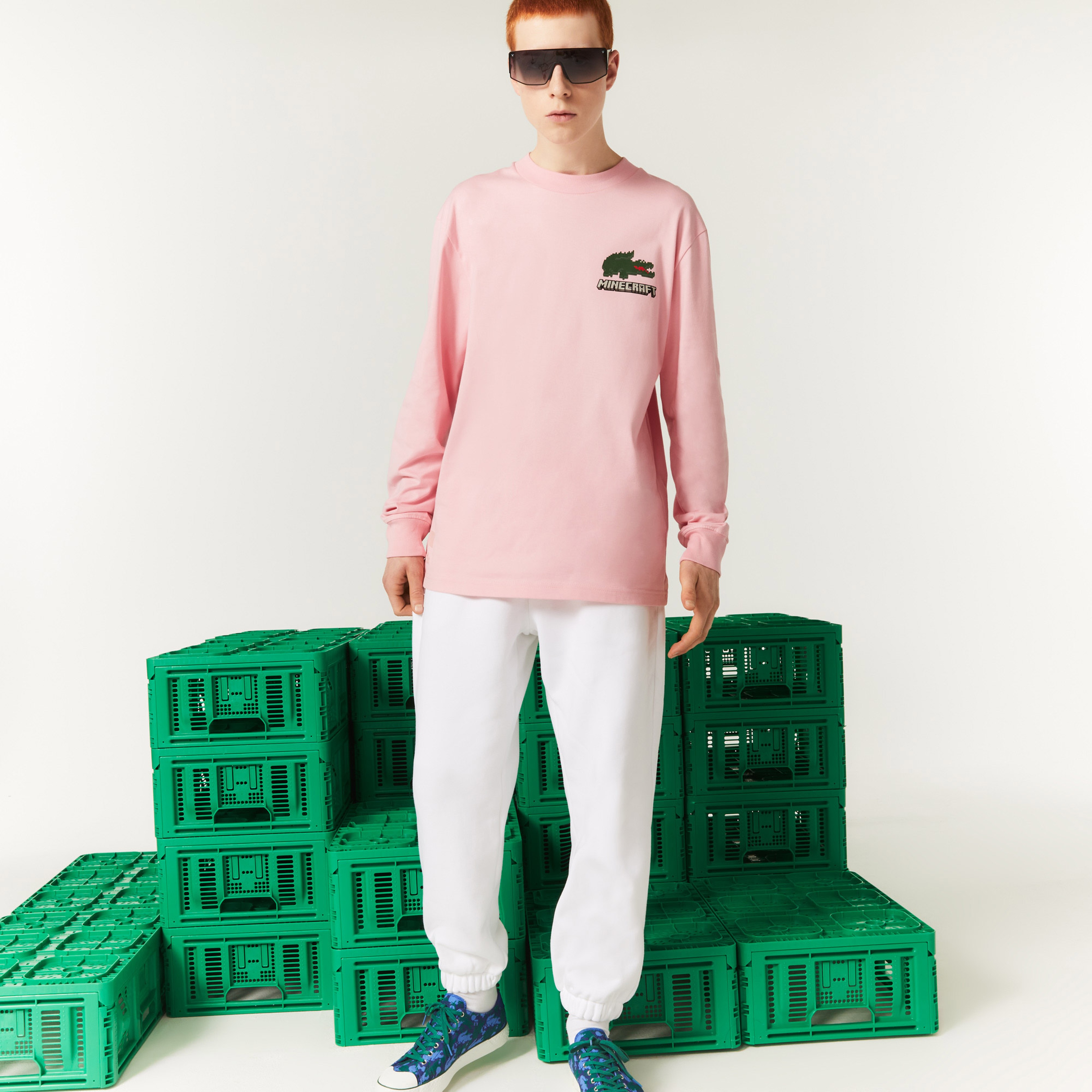 Lacoste X Minecraft Erkek Relaxed Fit Uzun Kollu Bisiklet Yaka Baskılı Pembe T-Shirt