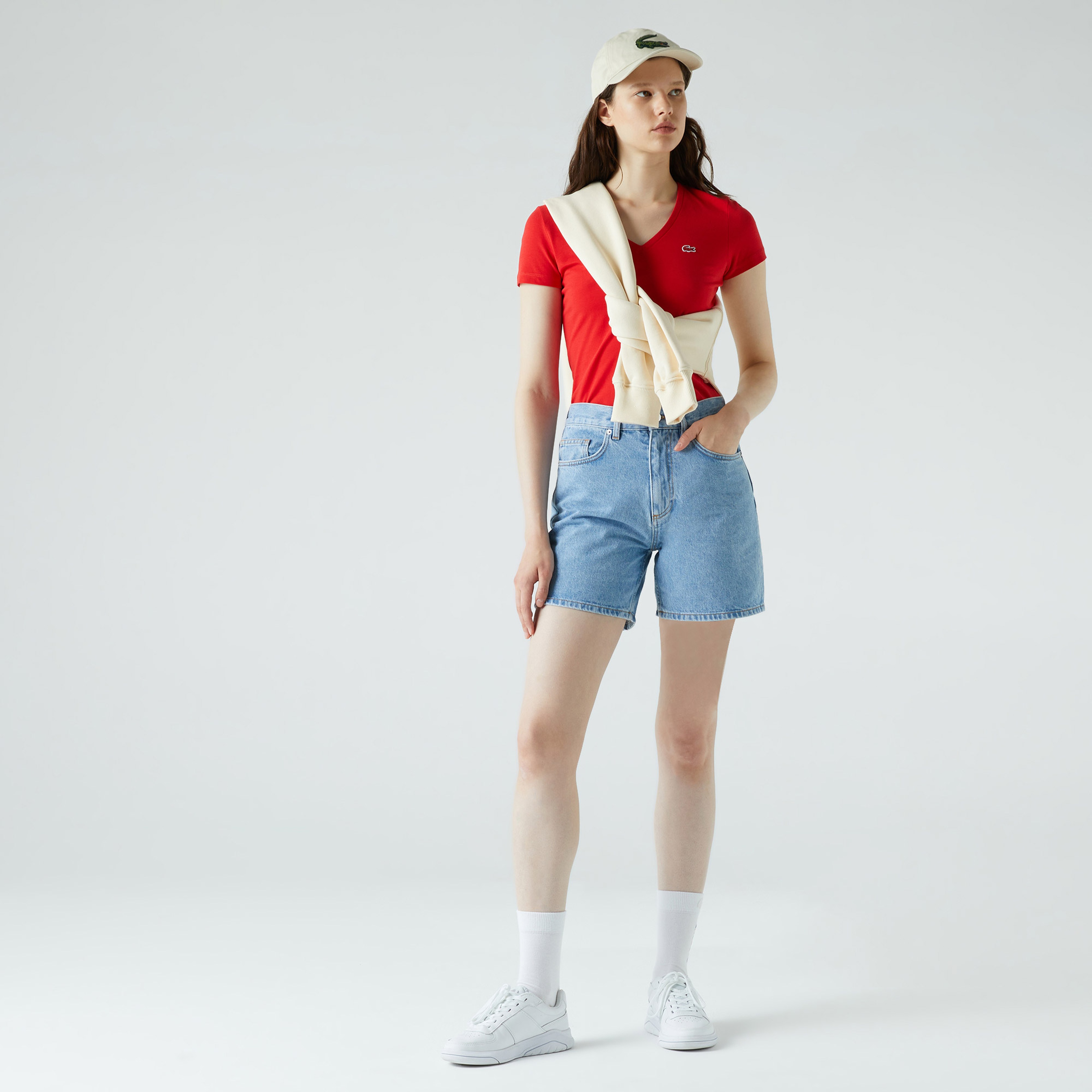 Lacoste Kadın Slim Fit V Yaka Kırmızı T-Shirt