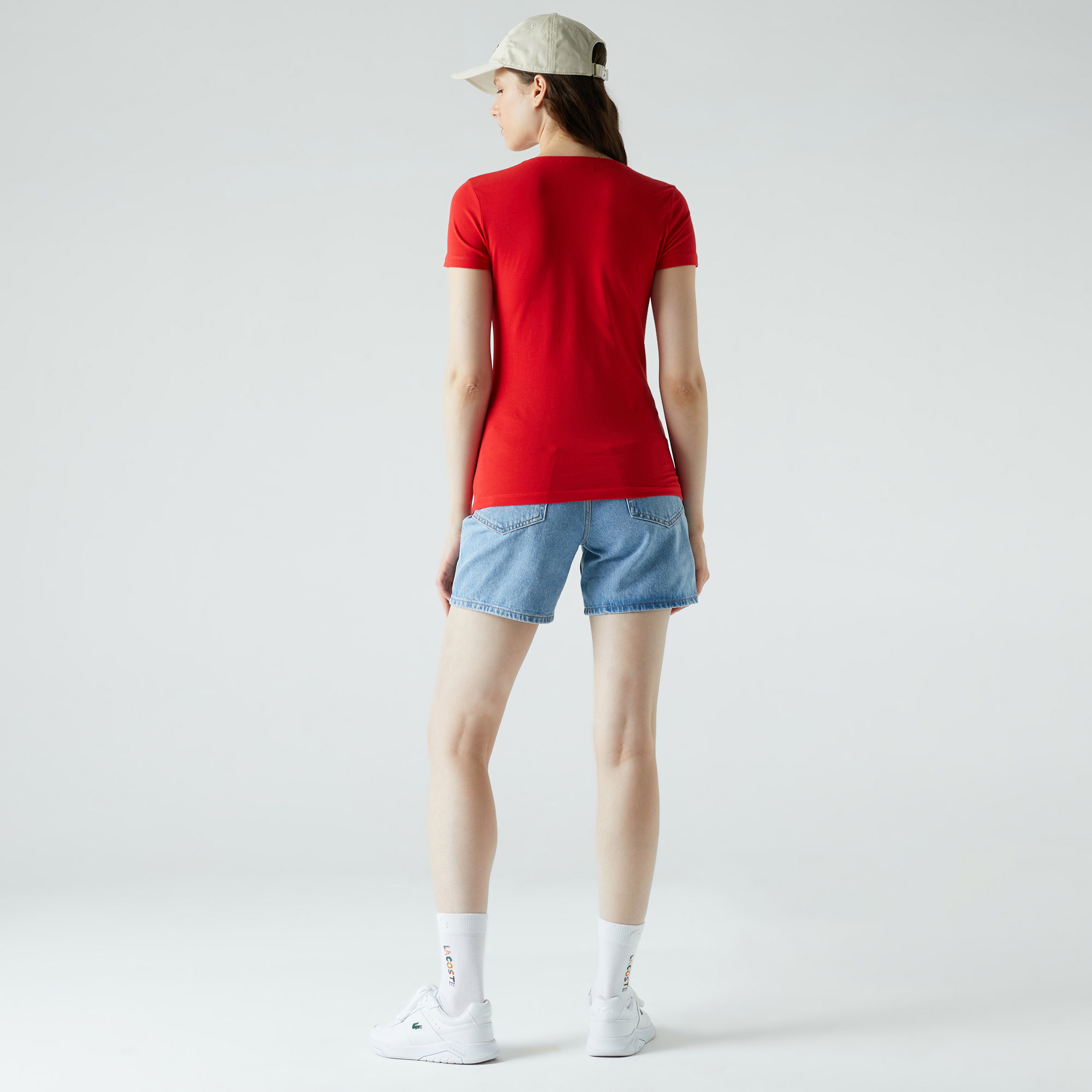 Lacoste Kadın Slim Fit V Yaka Kırmızı T-Shirt