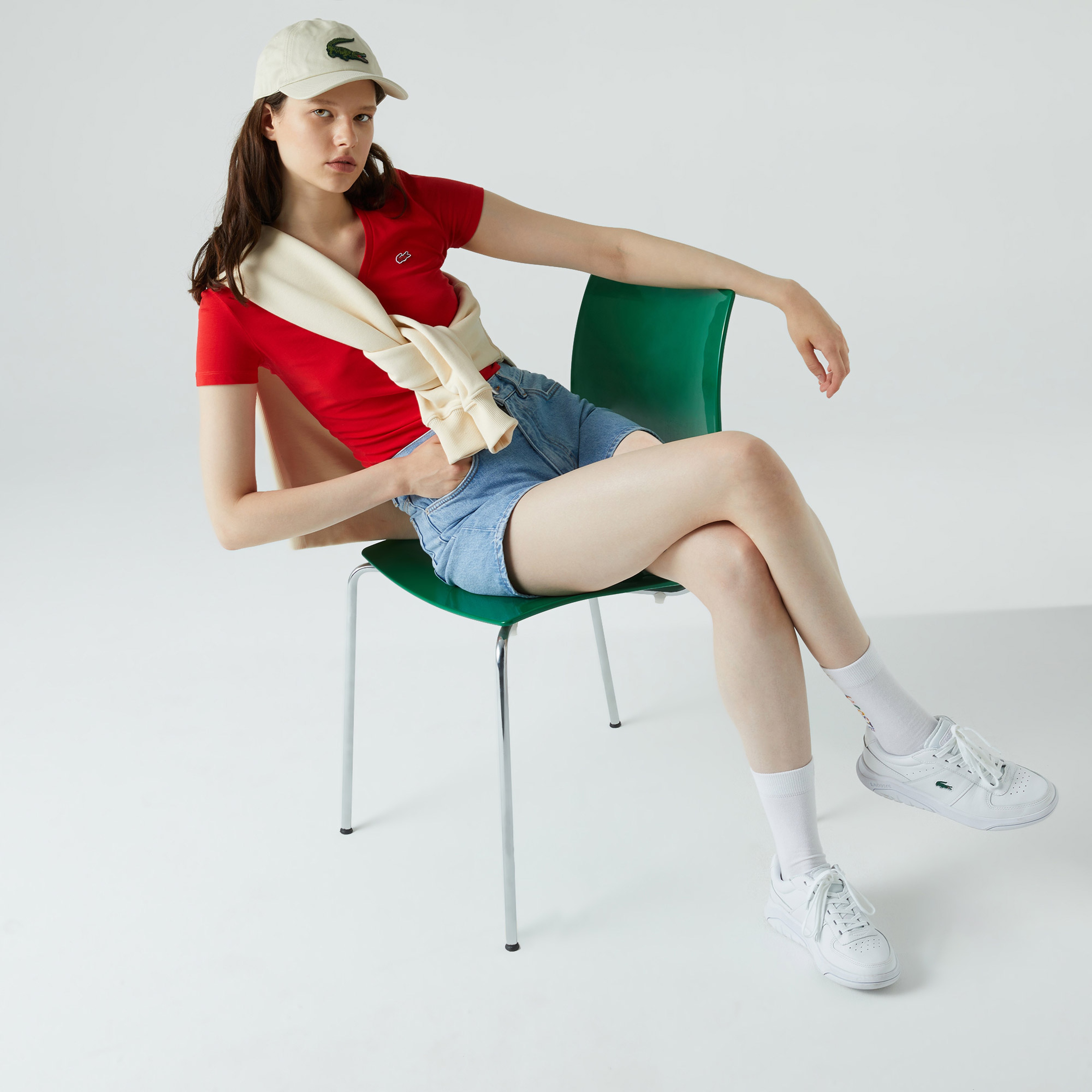 Lacoste Kadın Slim Fit V Yaka Kırmızı T-Shirt