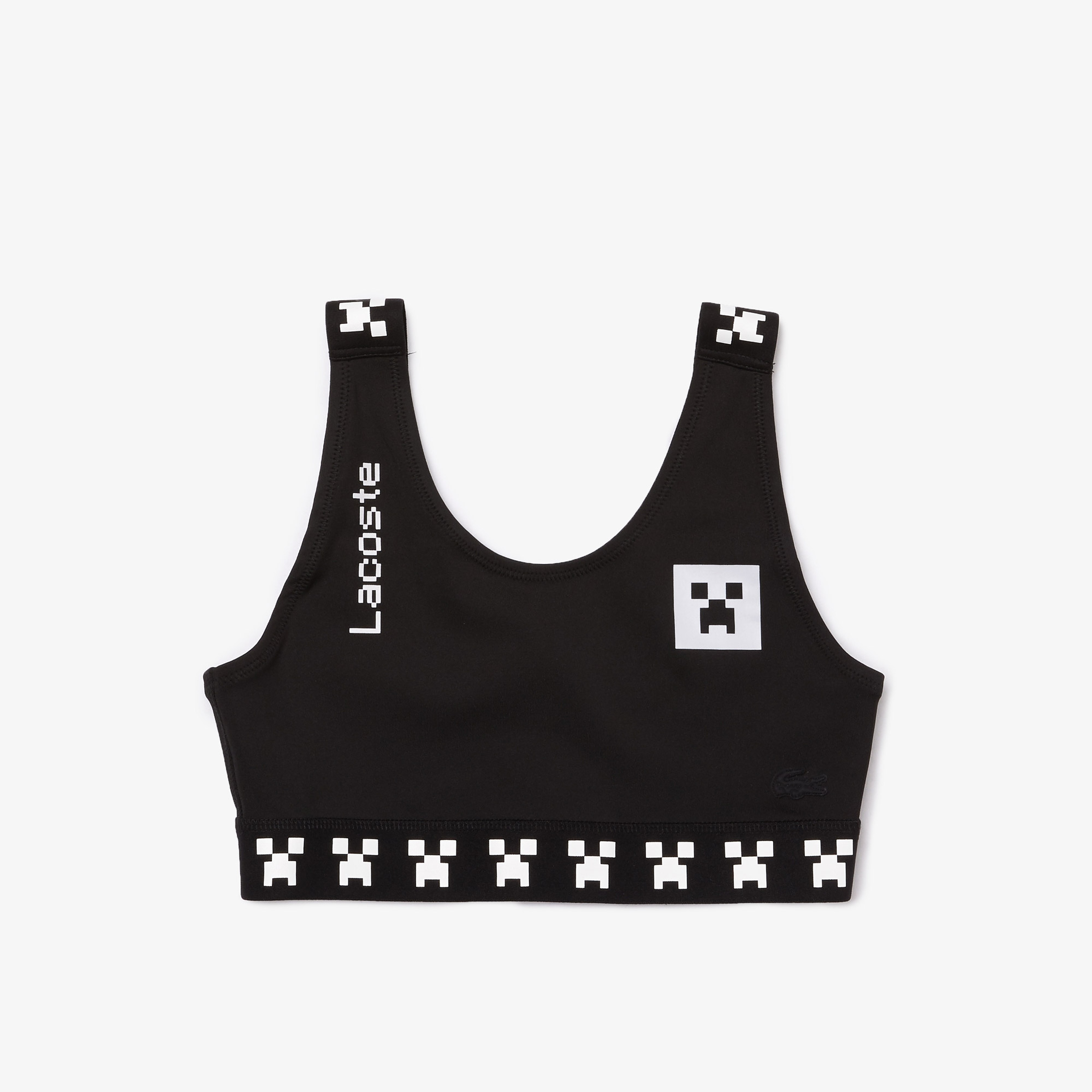 Lacoste X Minecraft Kadın Bisiklet Yaka Baskılı Siyah Crop Top