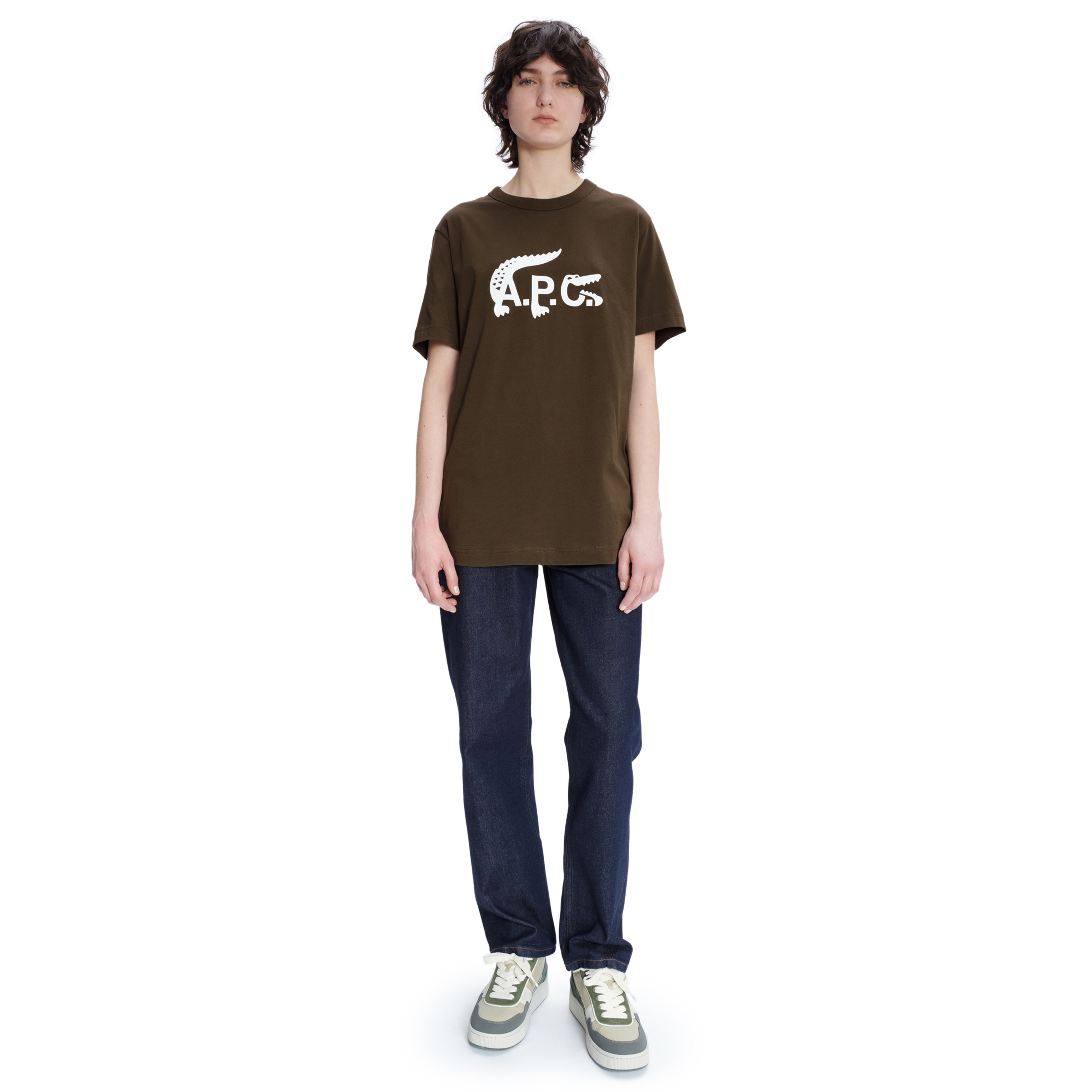 Lacoste X A.P.C Unisex Relaxed Fit Bisiklet Yaka Baskılı Haki T-Shirt