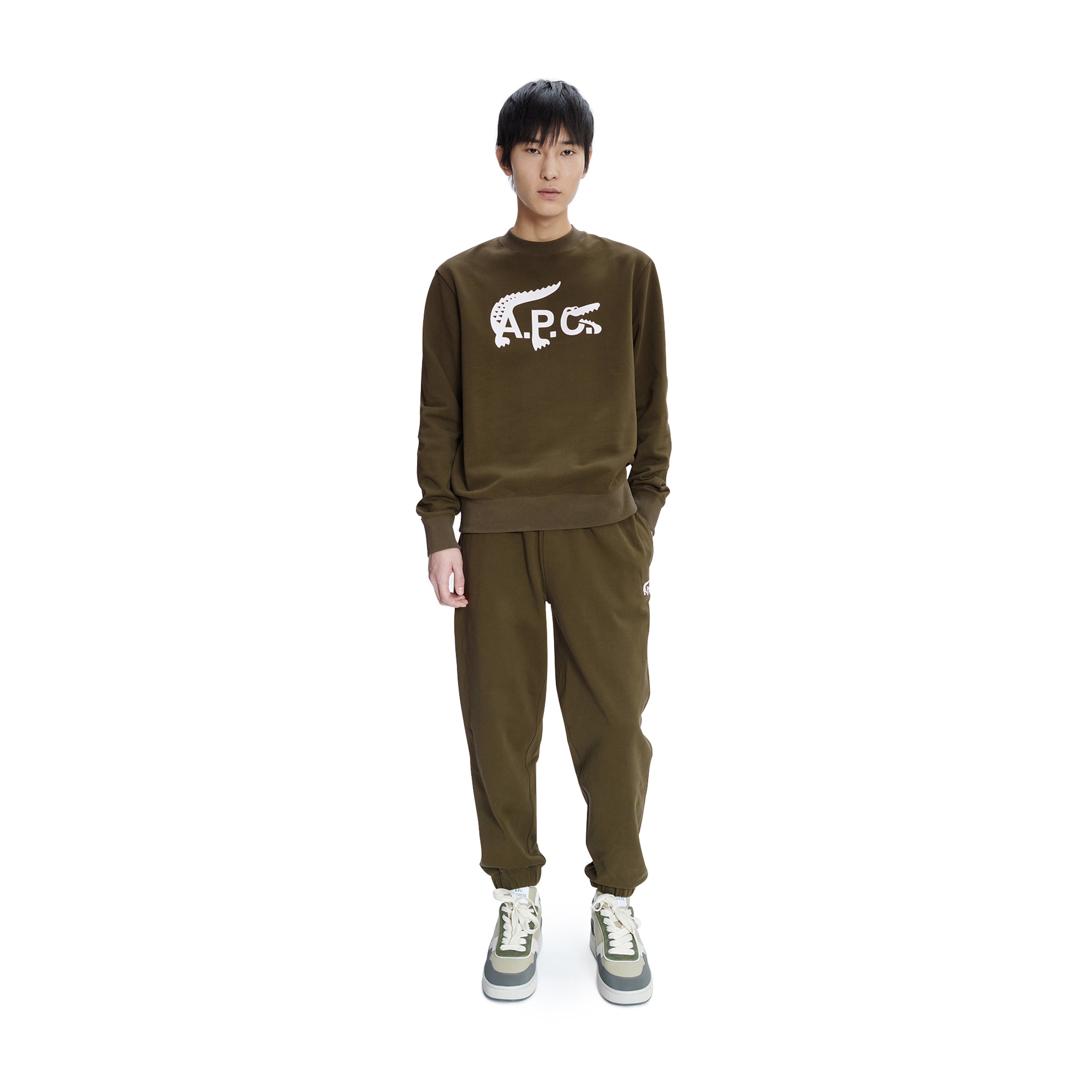 Lacoste X A.P.C Unisex Relaxed Fit Bisiklet Yaka Baskılı Haki Sweatshirt