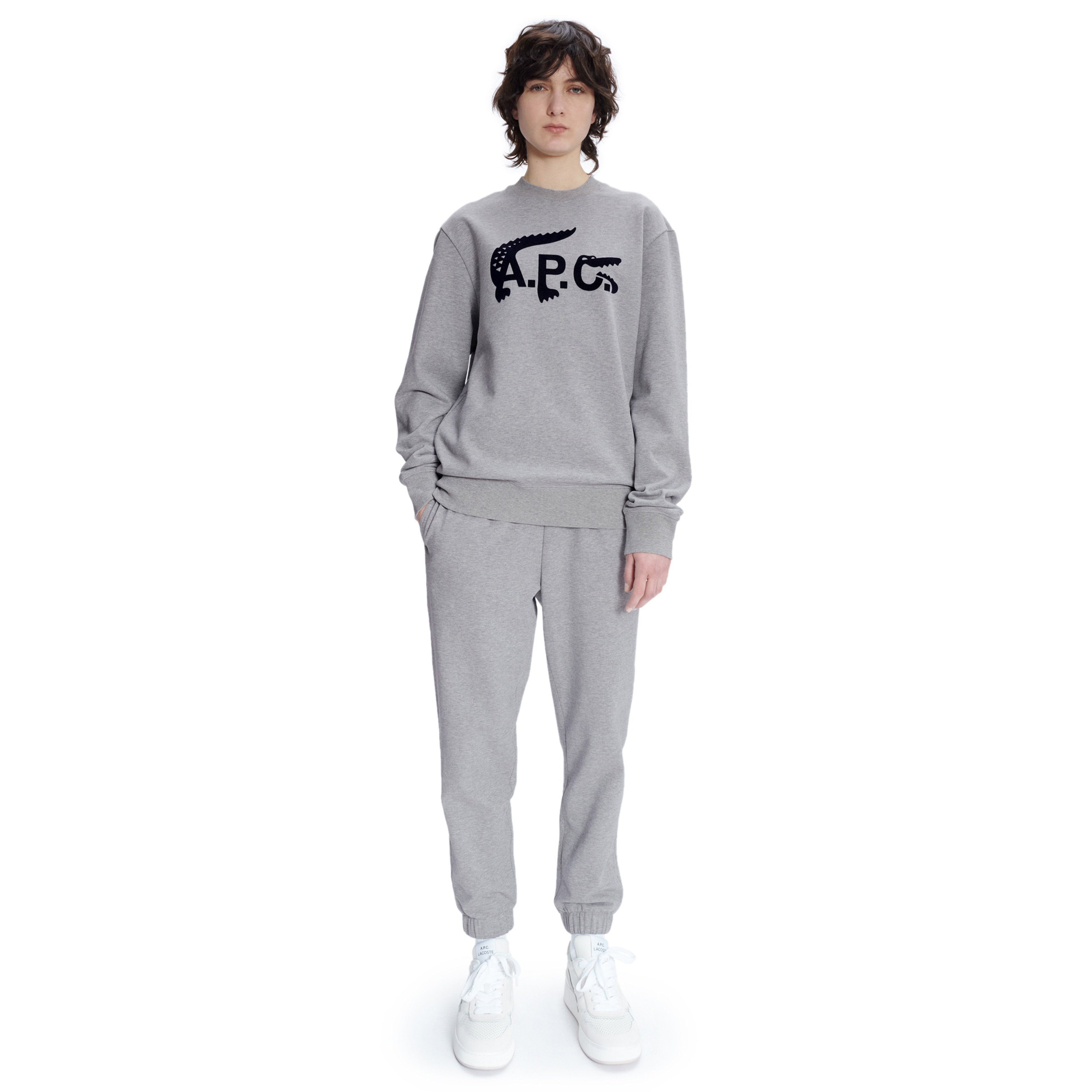 Lacoste X A.P.C Unisex Relaxed Fit Bisiklet Yaka Baskılı Gri Sweatshirt