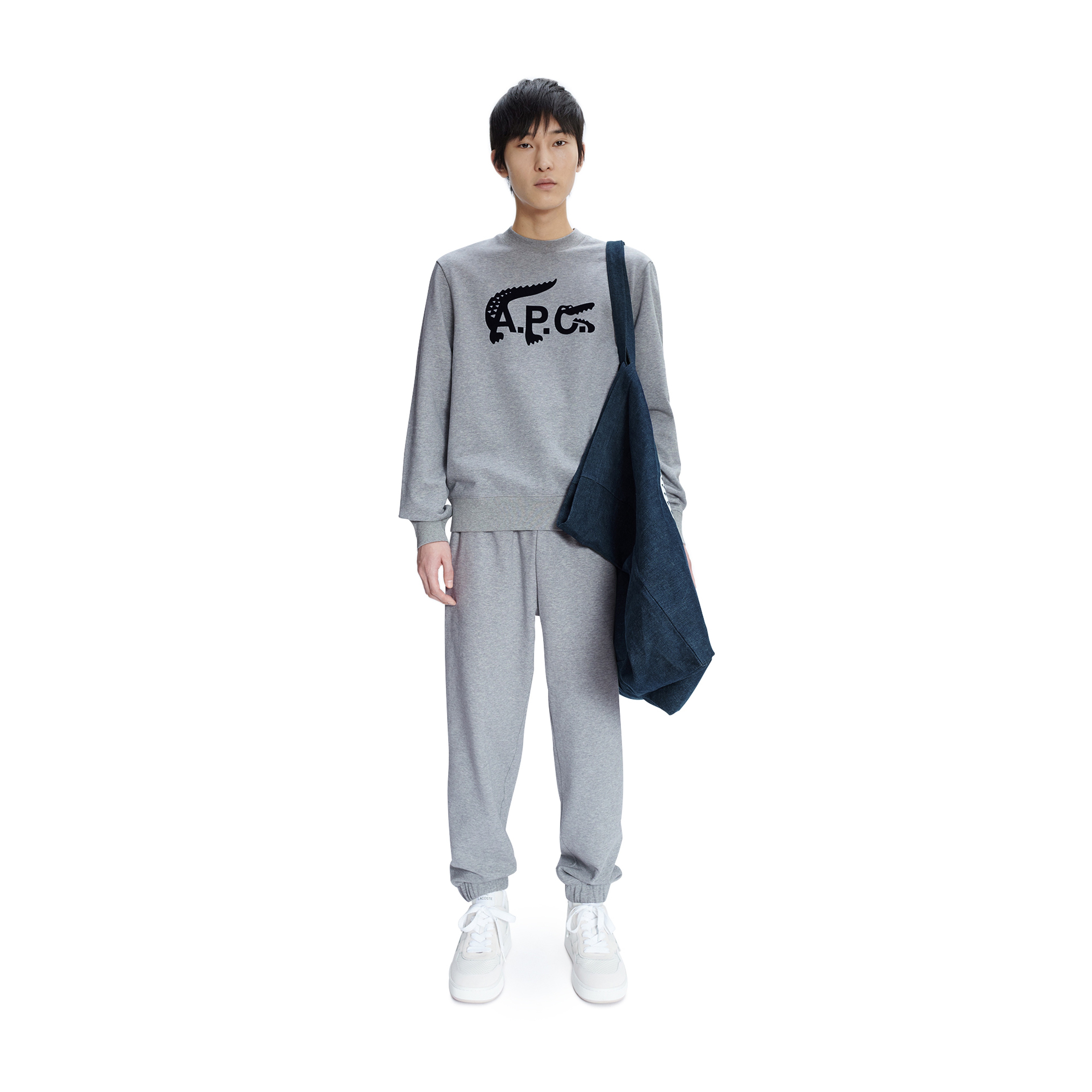 Lacoste X A.P.C Unisex Relaxed Fit Bisiklet Yaka Baskılı Gri Sweatshirt