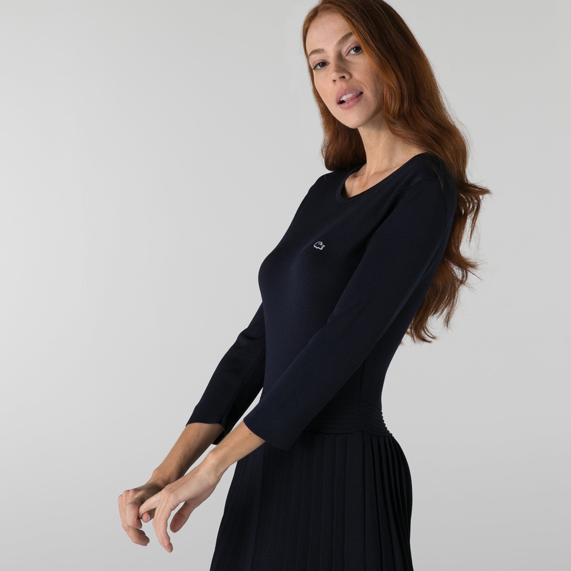 Lacoste Kadın Regular Fit Uzun Kollu Bisiklet Yaka Lacivert Elbise