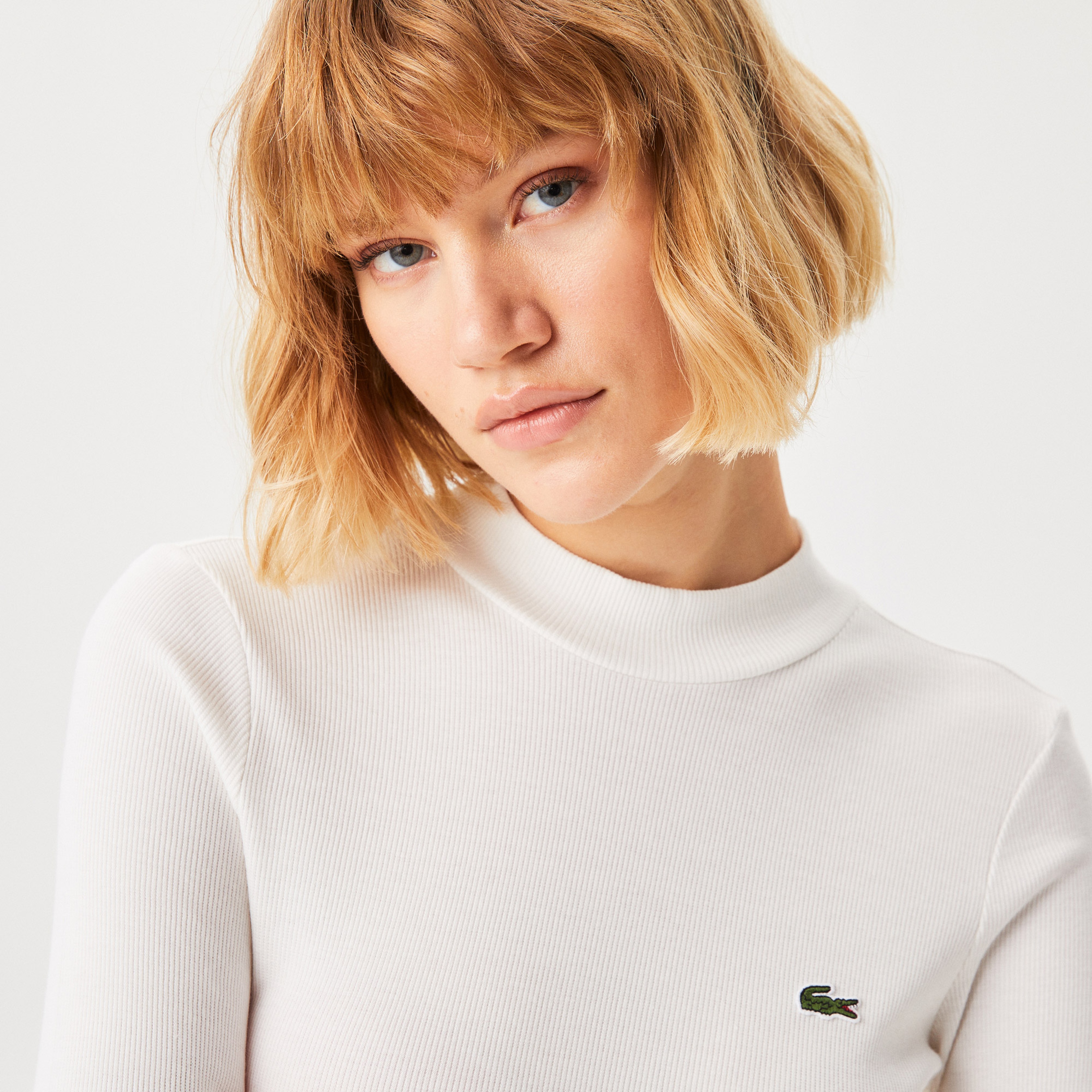 Lacoste Kadın Slim Fit Uzun Kollu Bisiklet Yaka Beyaz T-Shirt