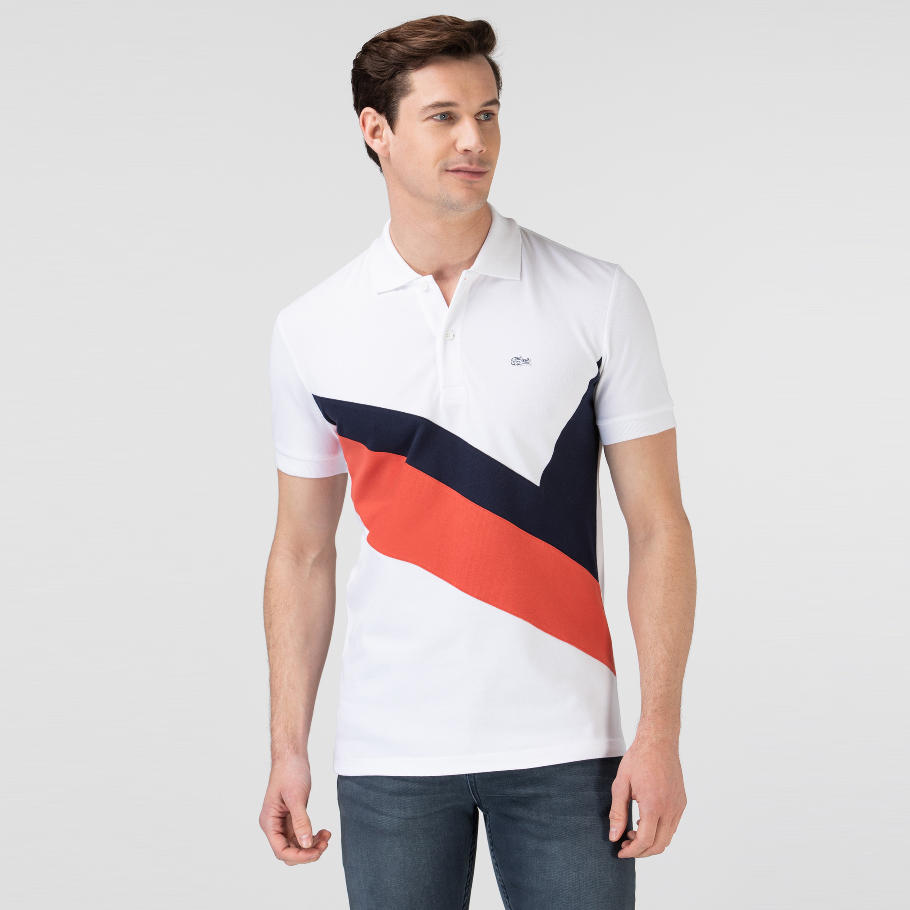Lacoste Erkek Slim Fit Renk Bloklu Beyaz Polo