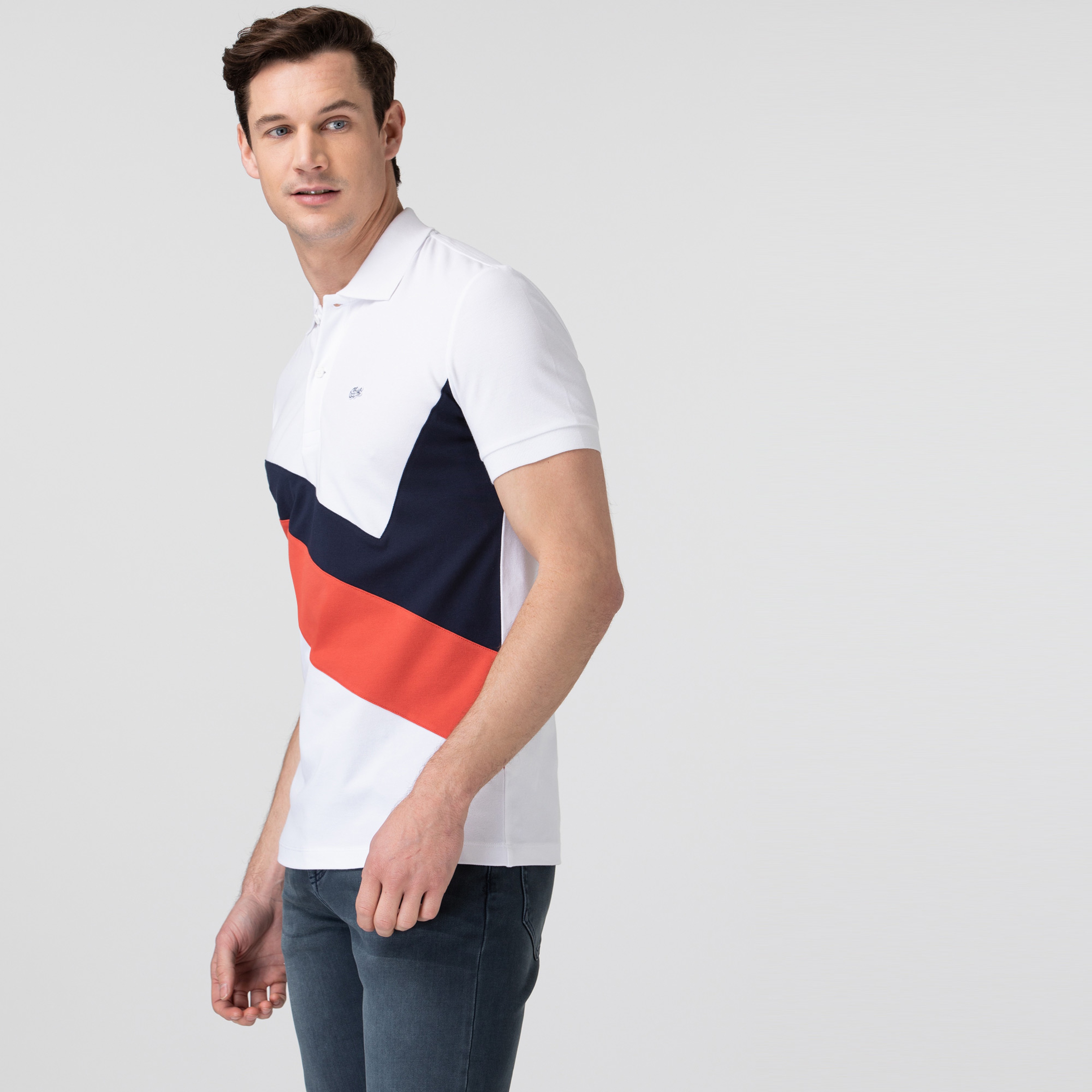 Lacoste Erkek Slim Fit Renk Bloklu Beyaz Polo