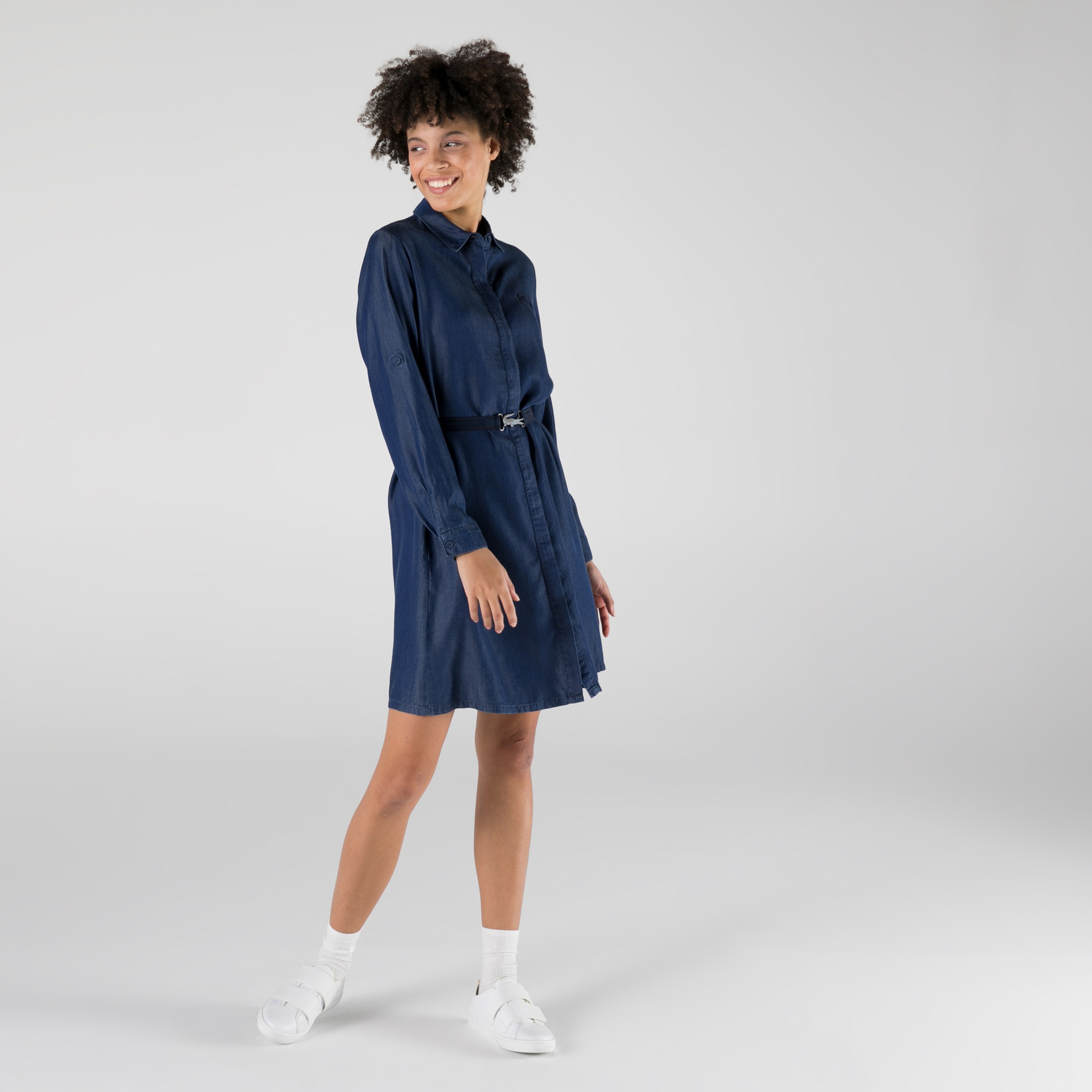 Lacoste Kadın Loose Fit Uzun Kollu Gömlek Yaka Koyu İndigo Elbise