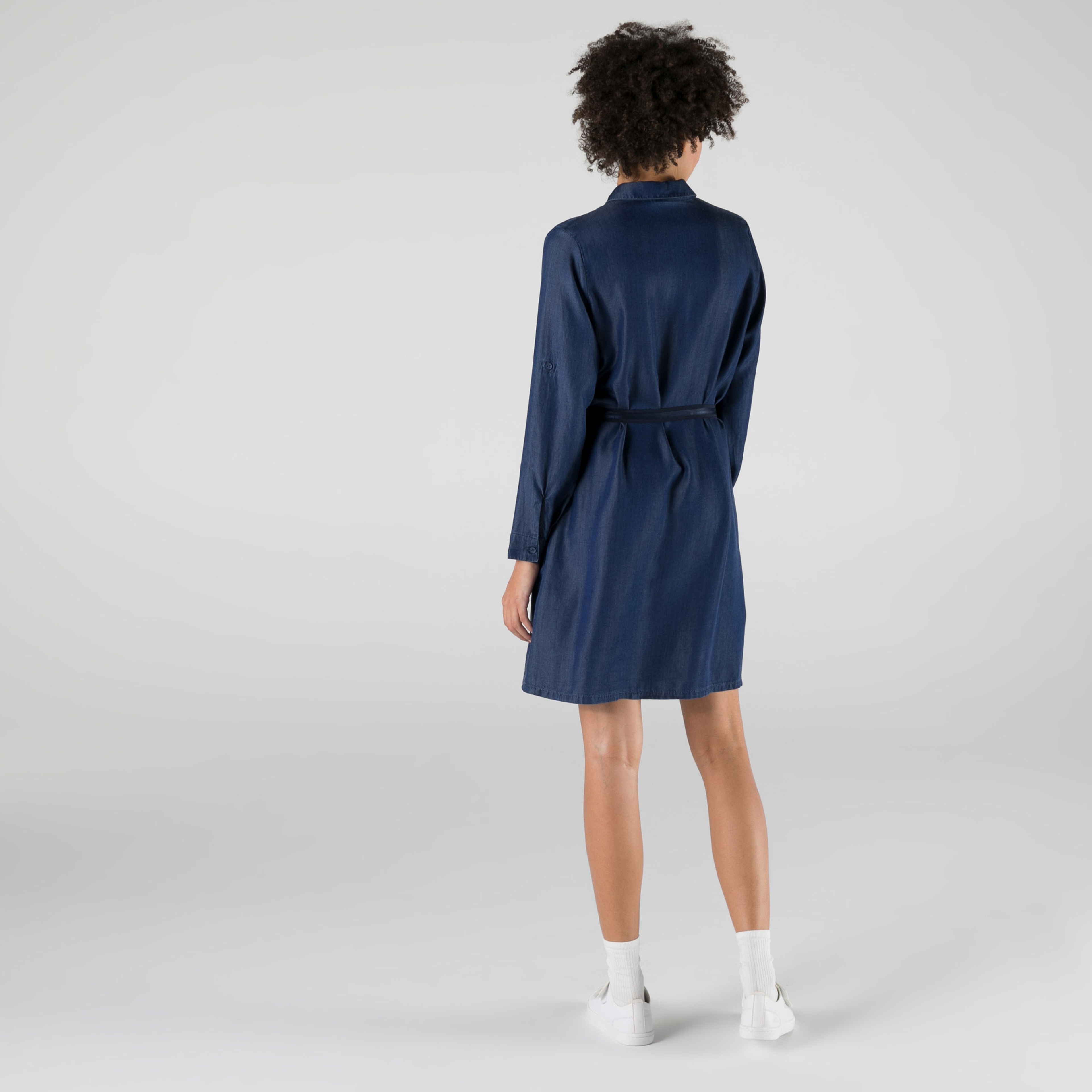 Lacoste Kadın Loose Fit Uzun Kollu Gömlek Yaka Koyu İndigo Elbise