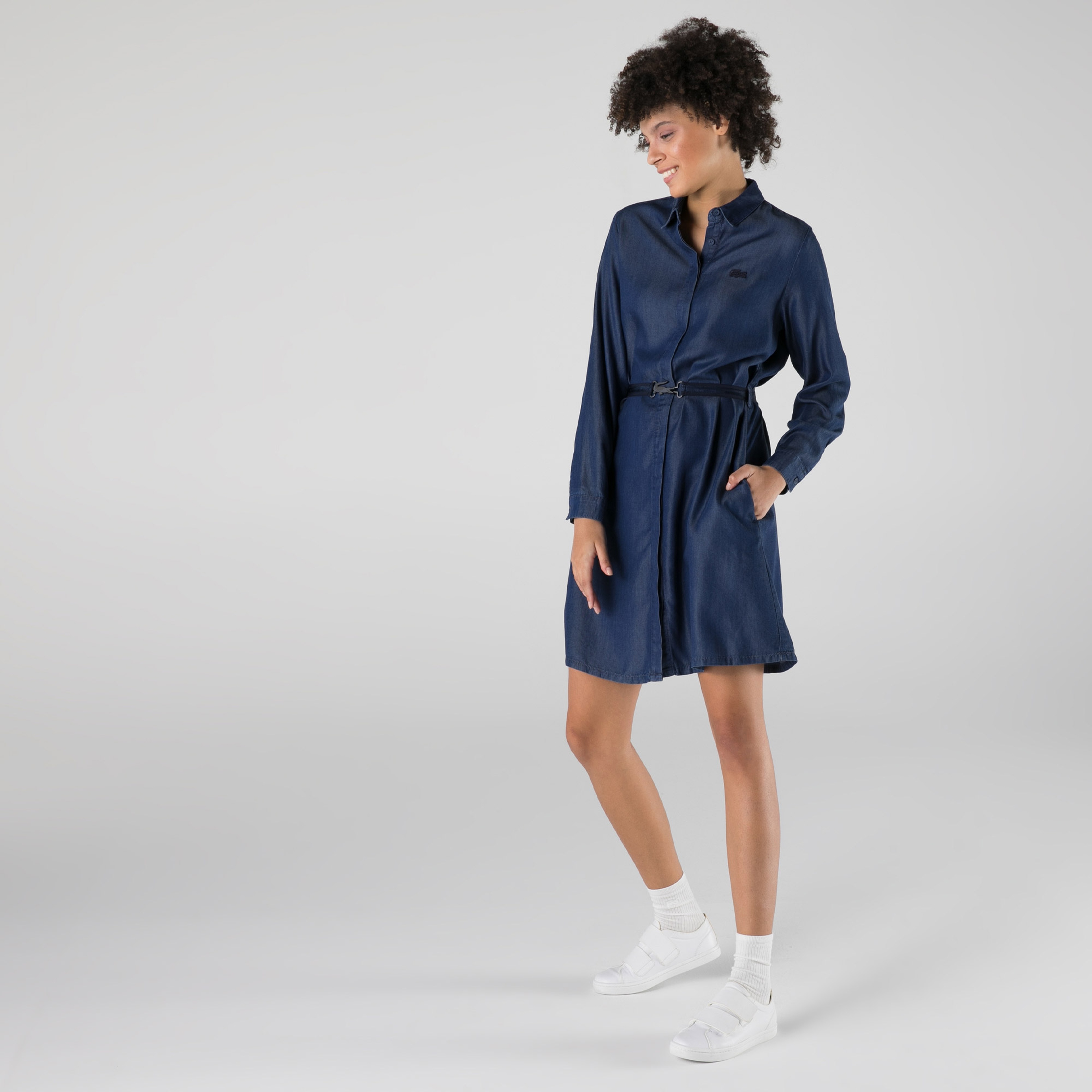 Lacoste Kadın Loose Fit Uzun Kollu Gömlek Yaka Koyu İndigo Elbise