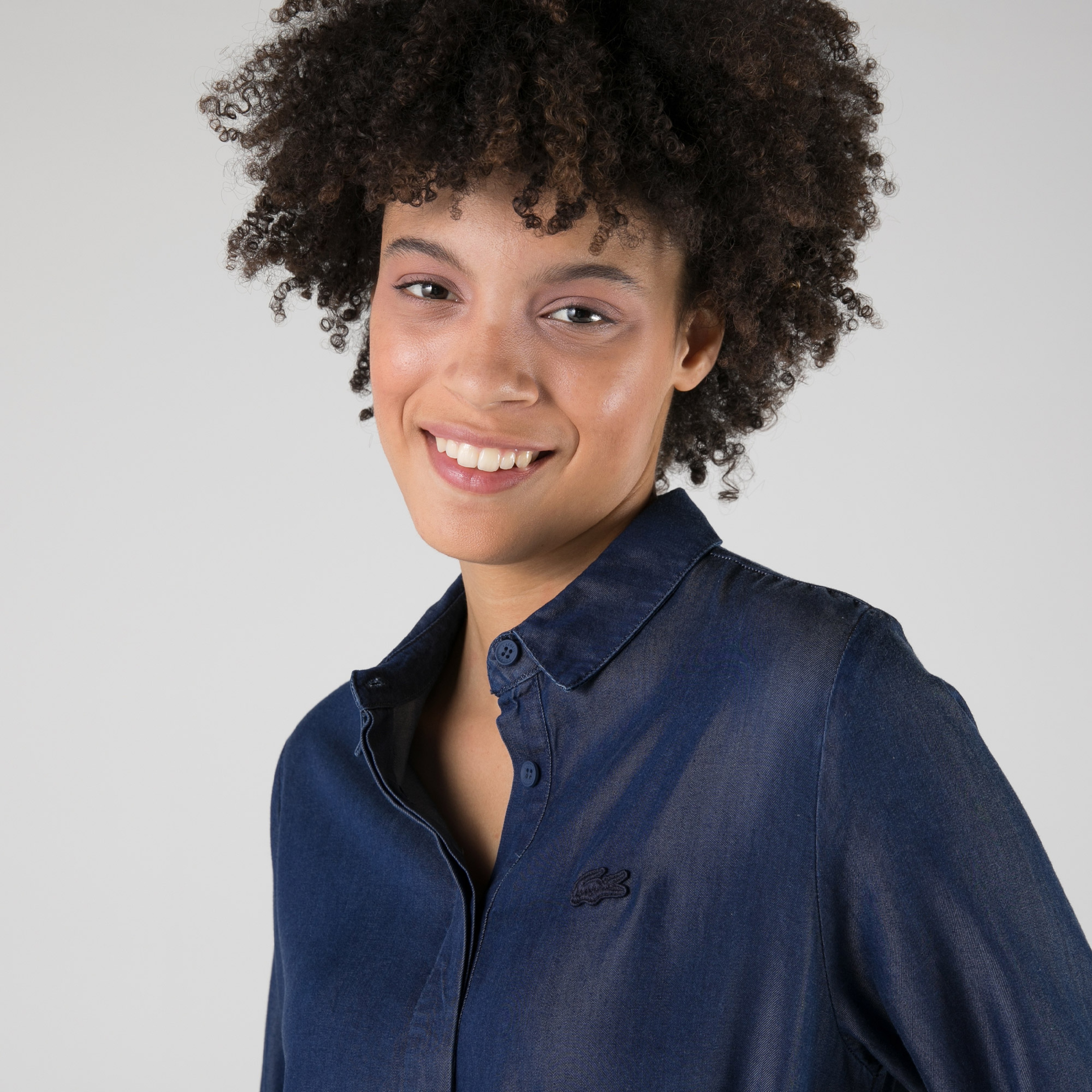 Lacoste Kadın Loose Fit Uzun Kollu Gömlek Yaka Koyu İndigo Elbise