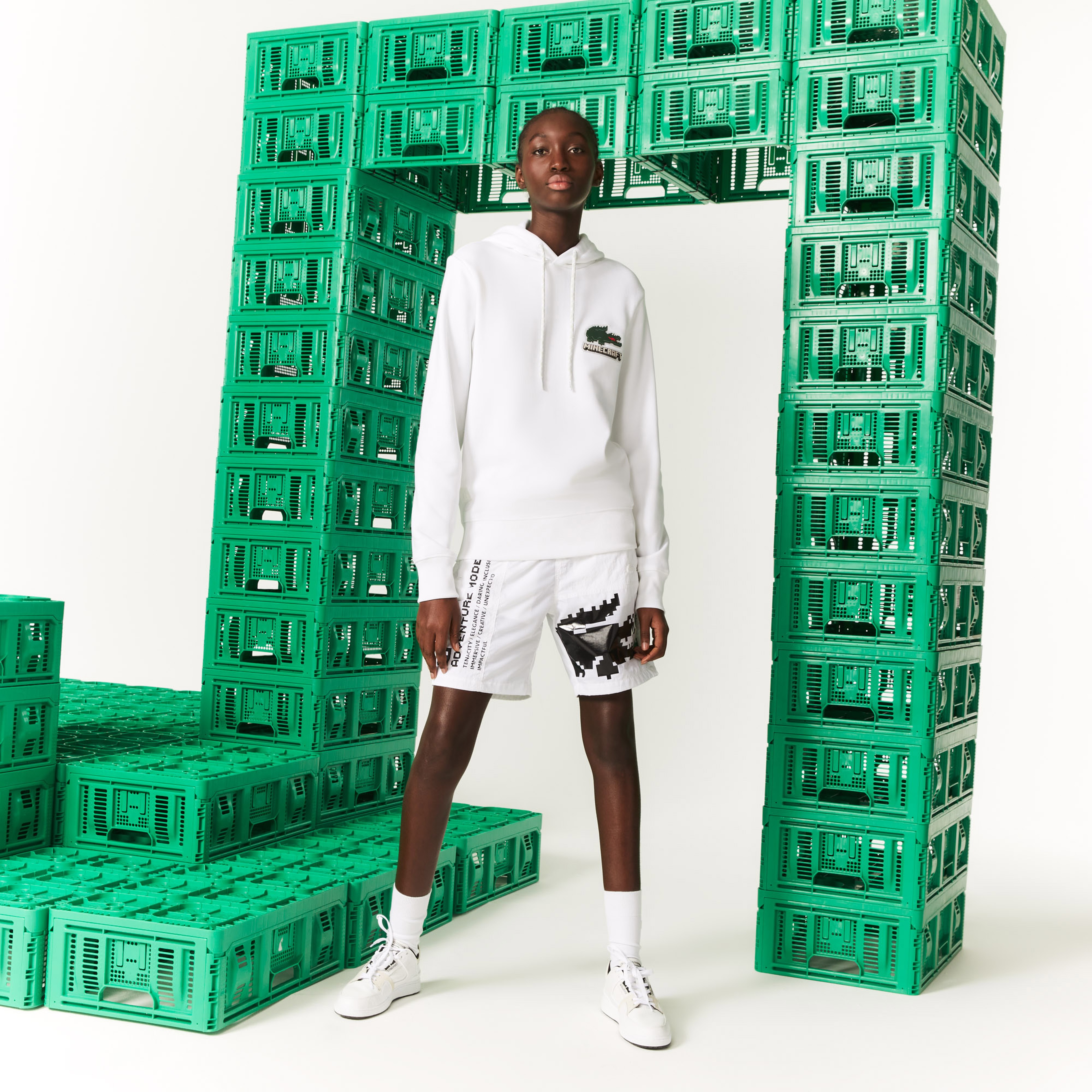 Lacoste X Minecraft Erkek Regular Fit Kapüşonlu Baskılı Beyaz Sweatshirt