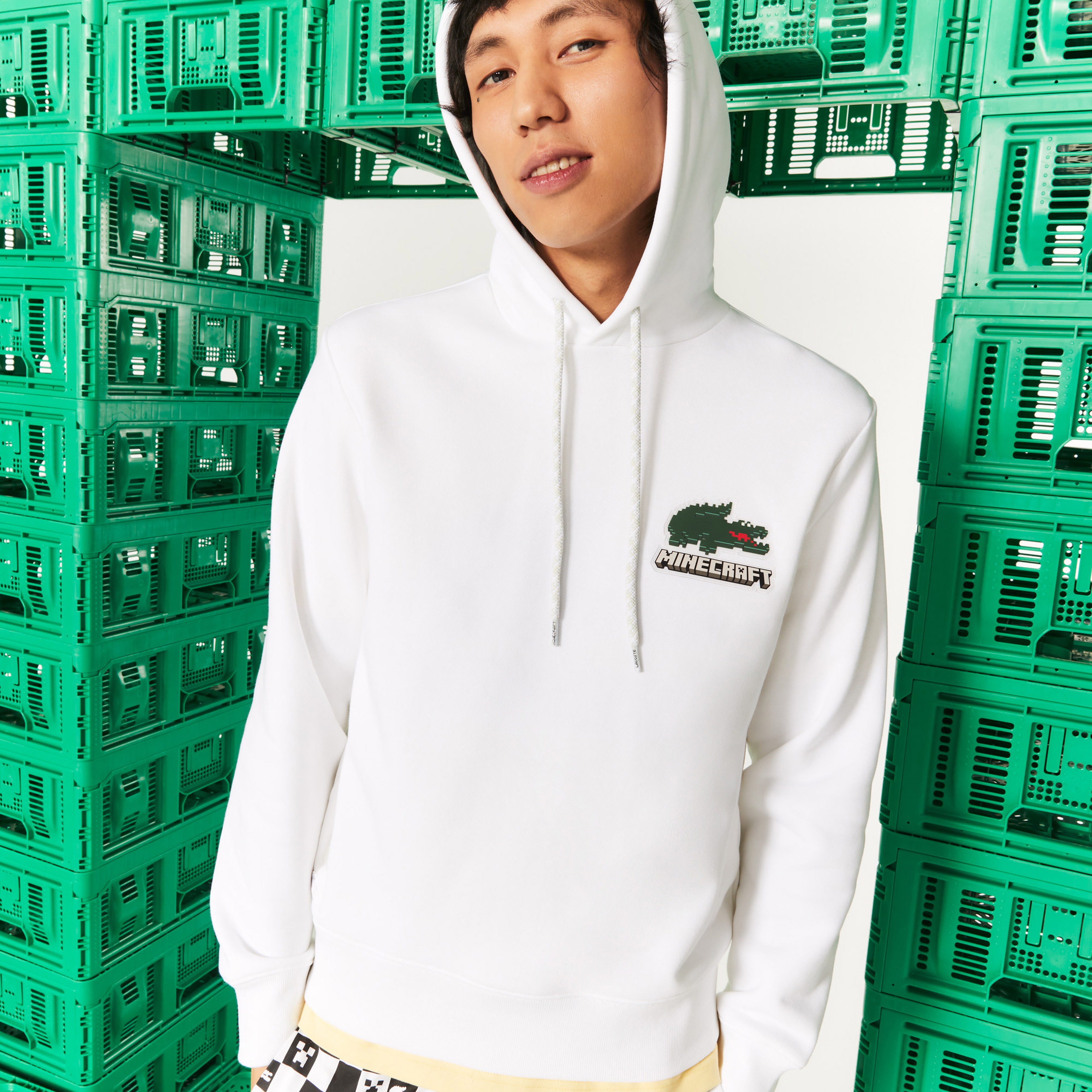 Lacoste X Minecraft Erkek Regular Fit Kapüşonlu Baskılı Beyaz Sweatshirt