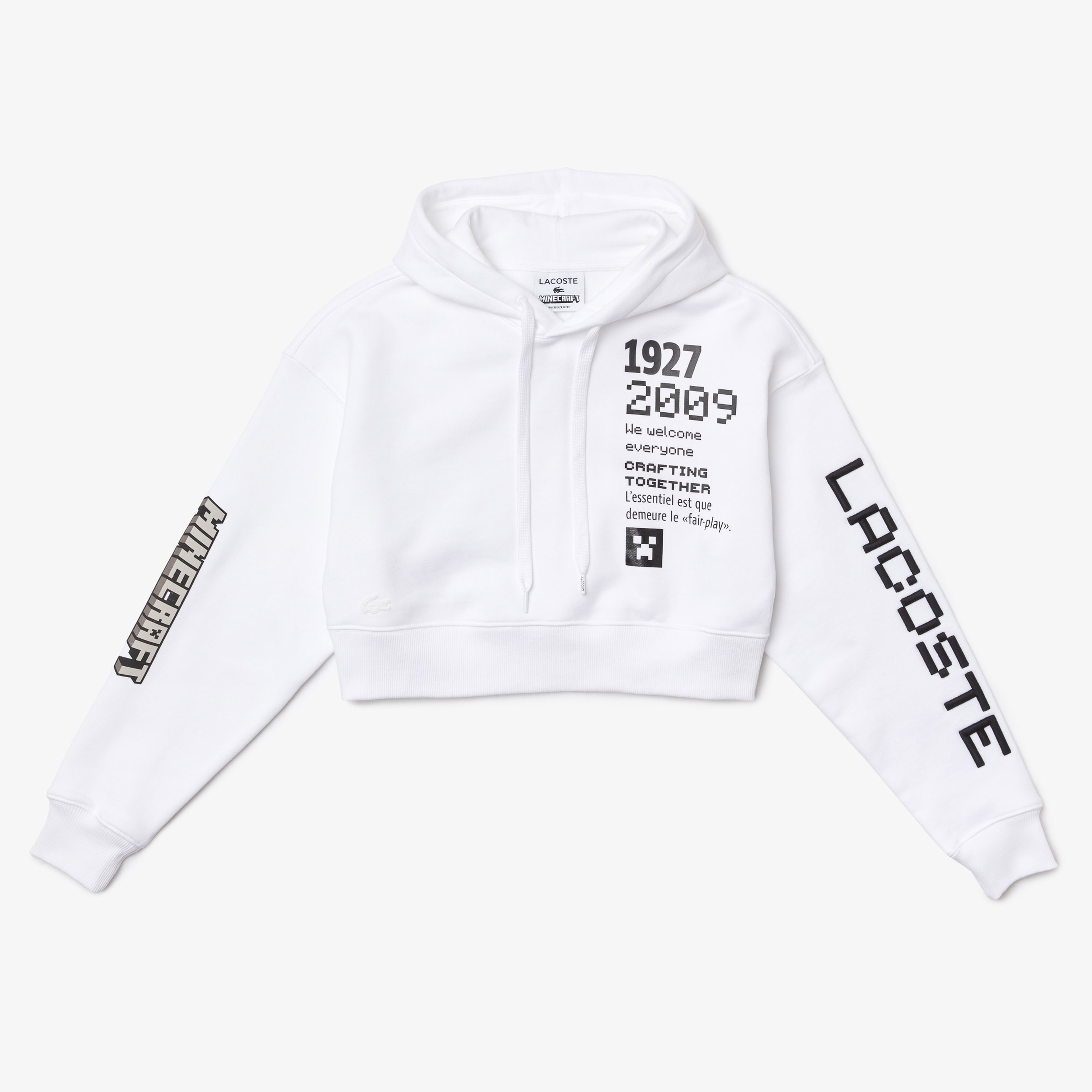 Lacoste X Minecraft Kadın Relaxed Fit Kapüşonlu Baskılı Beyaz Sweatshirt