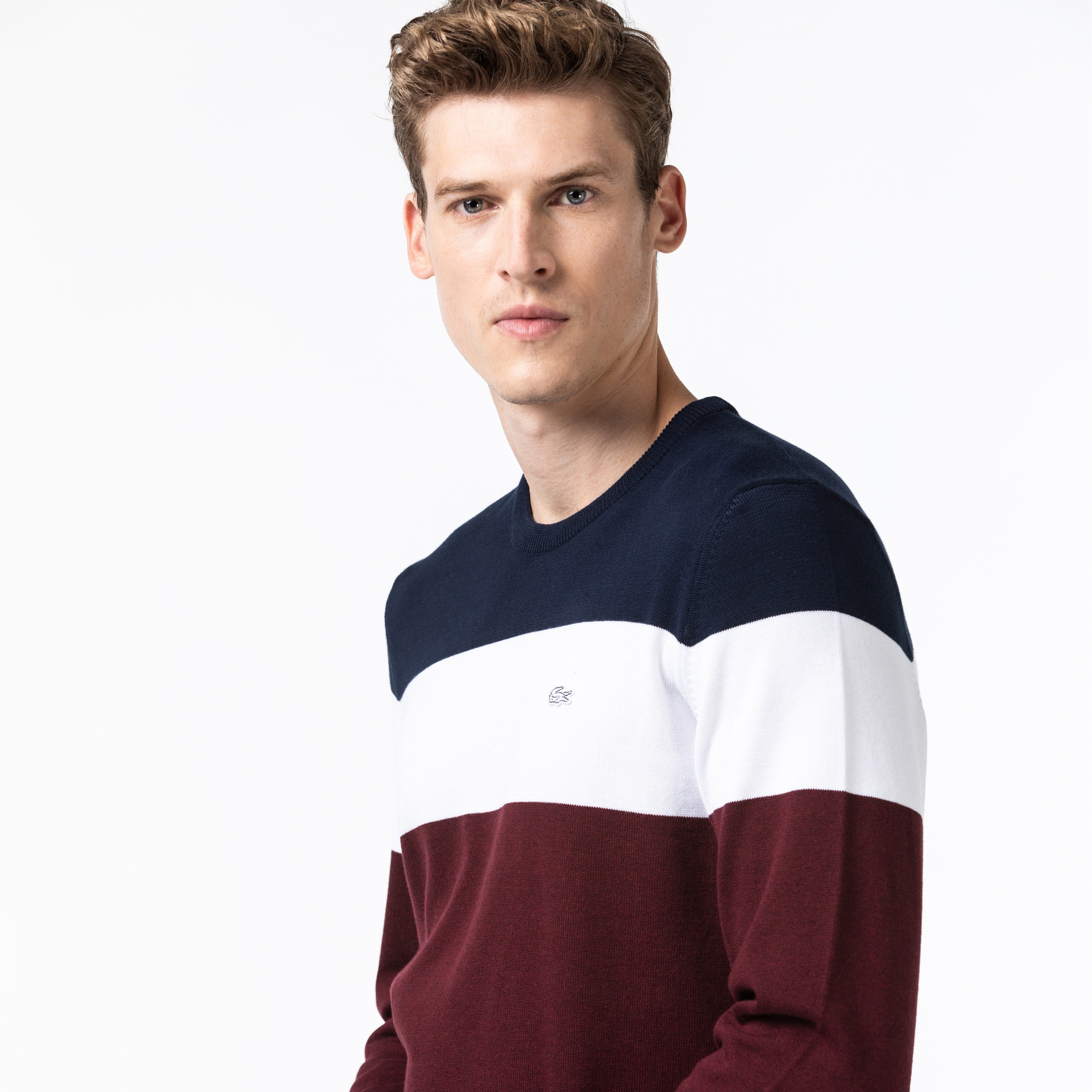 Lacoste Erkek Regular Fit Bisiklet Yaka Renk Bloklu Bordo Kazak