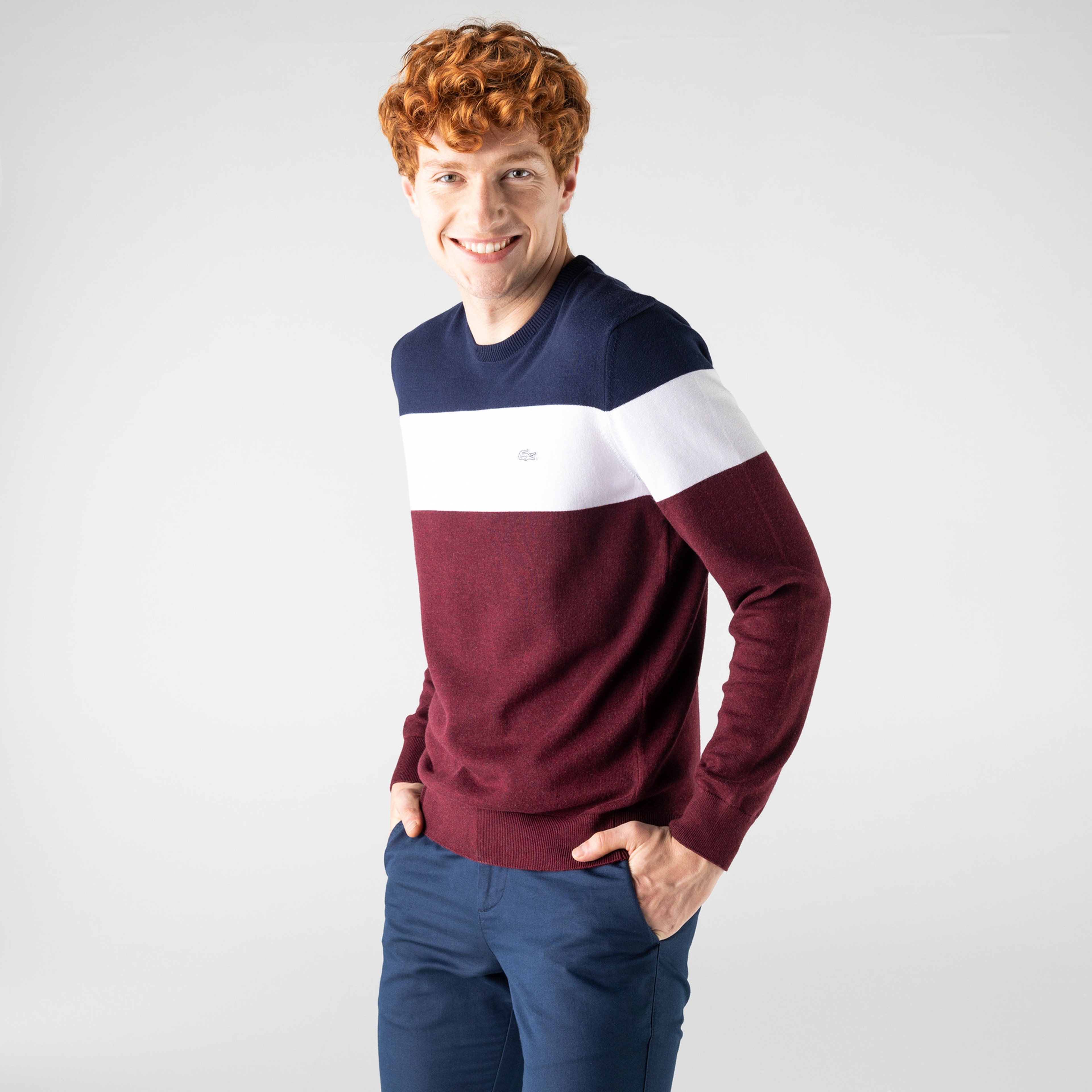 Lacoste Erkek Regular Fit Bisiklet Yaka Renk Bloklu Bordo Kazak