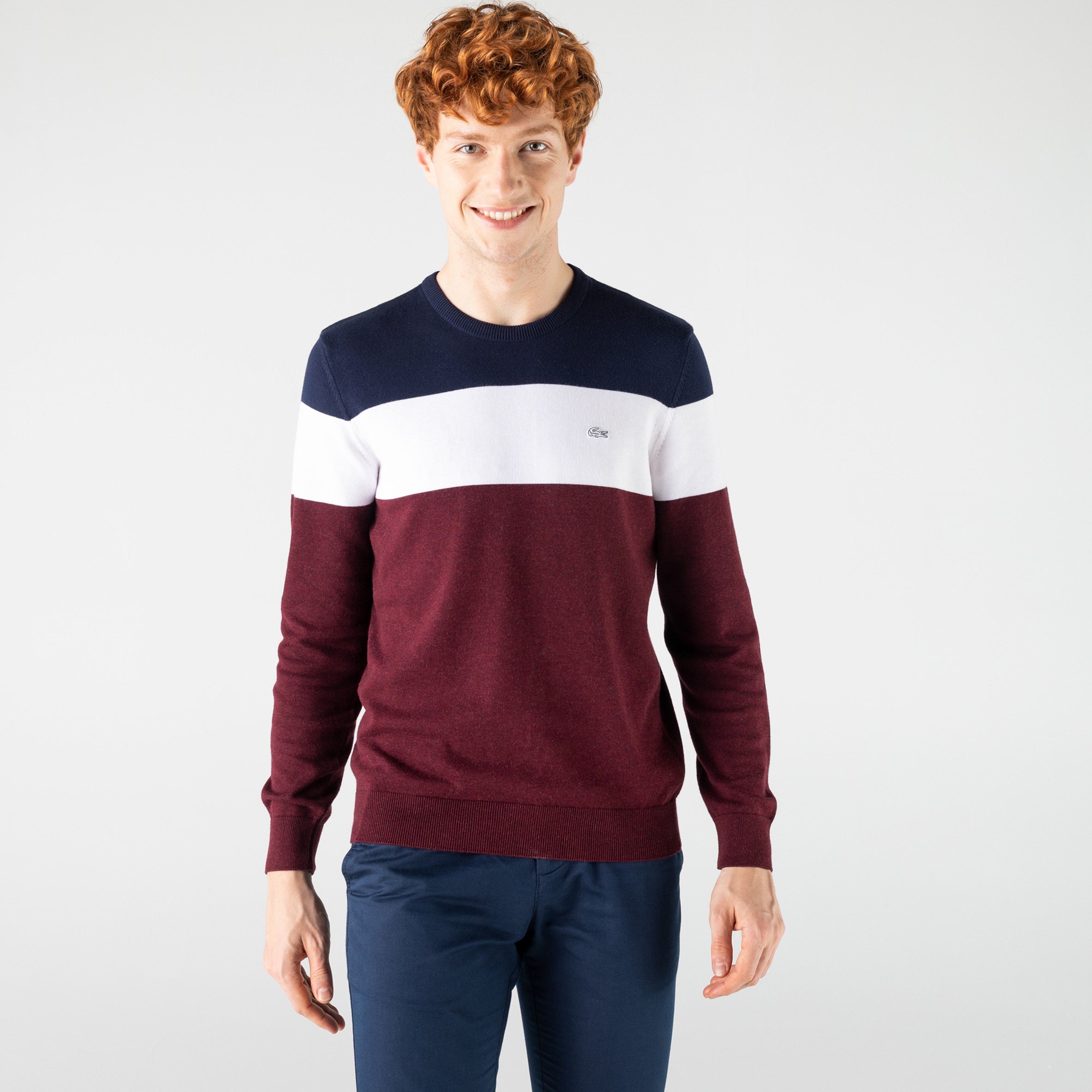 Lacoste Erkek Regular Fit Bisiklet Yaka Renk Bloklu Bordo Kazak