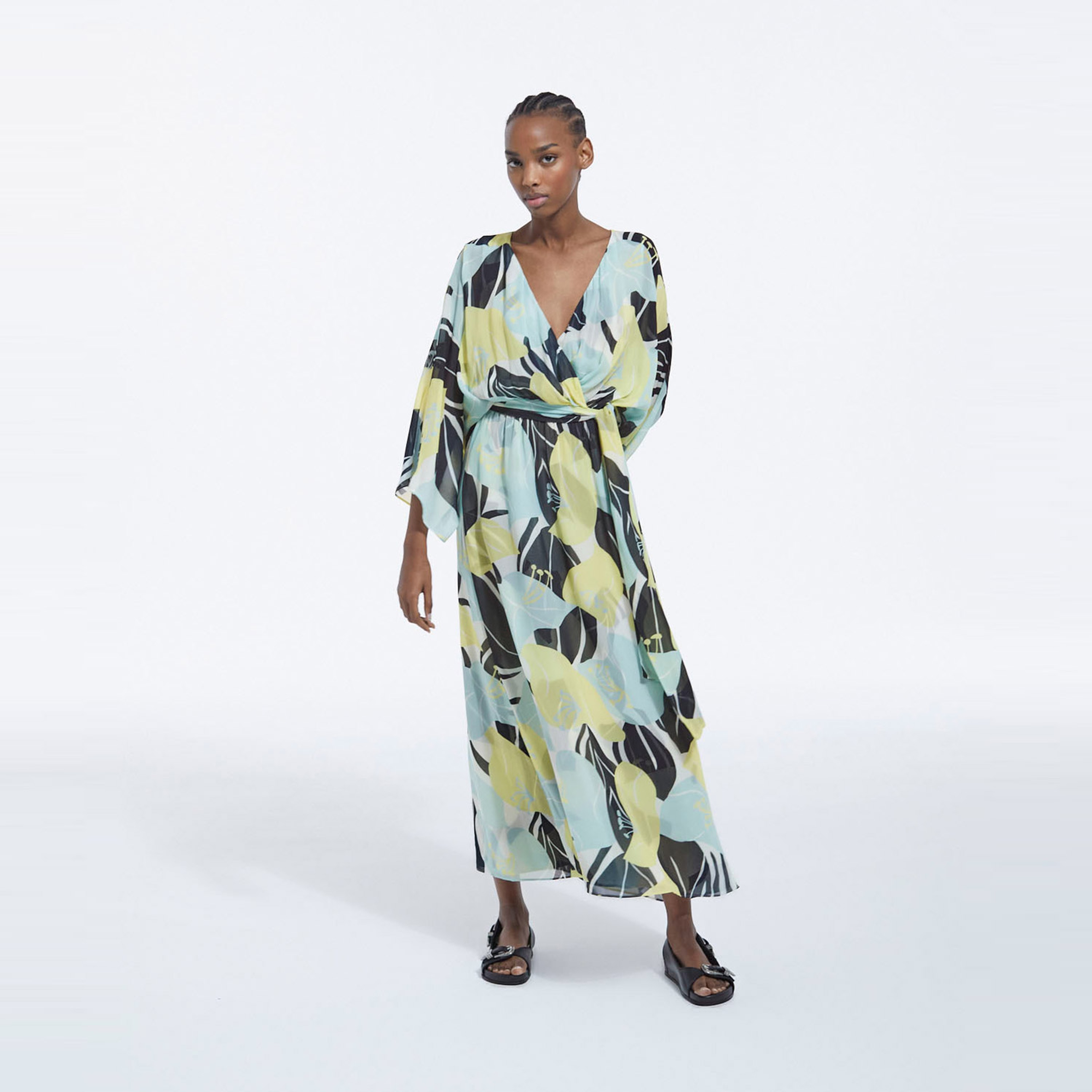 KADIN ÇİÇEK DESENLİ YEŞİL ELBİSE