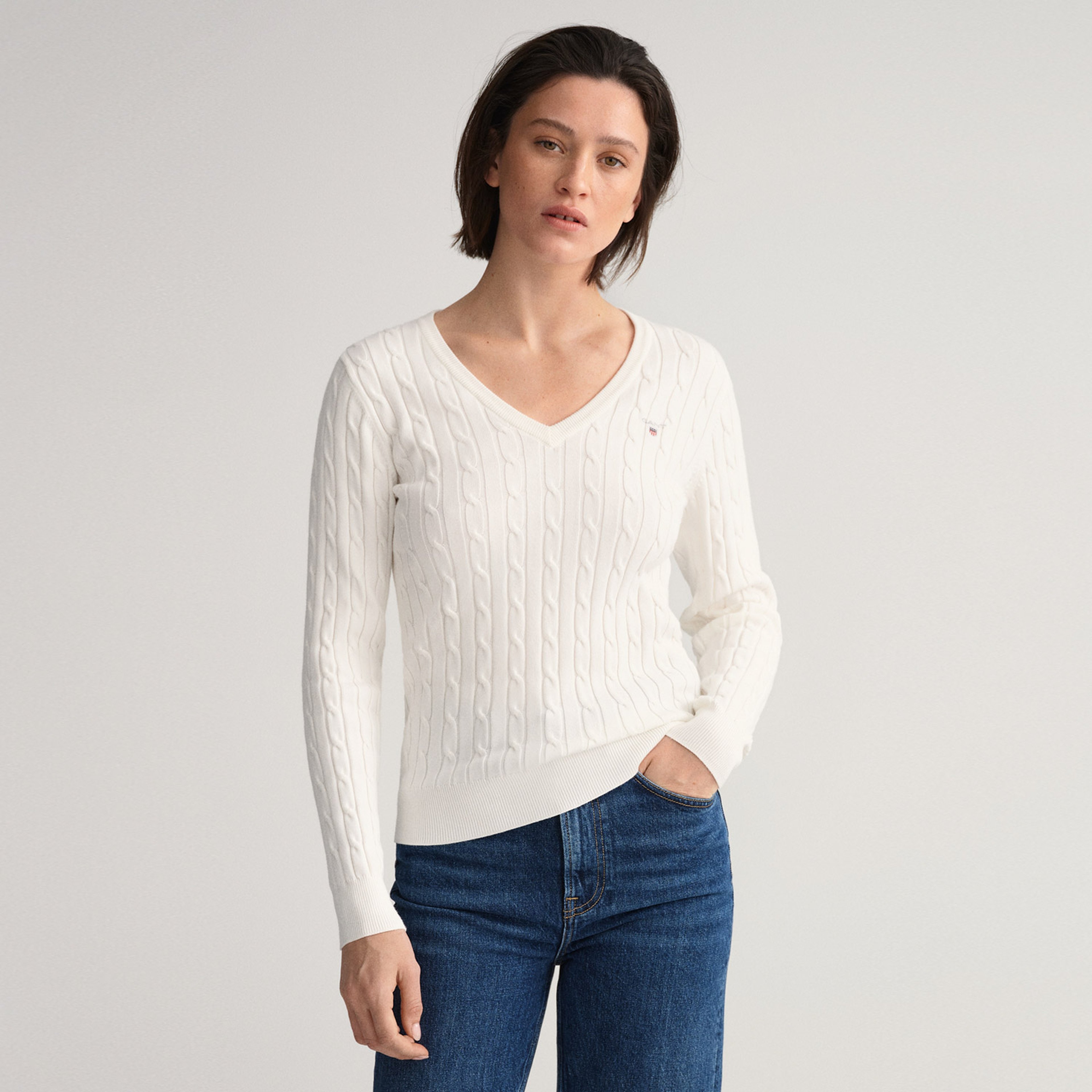 Gant Kadın Bej Slim Fit V Yaka Kazak
