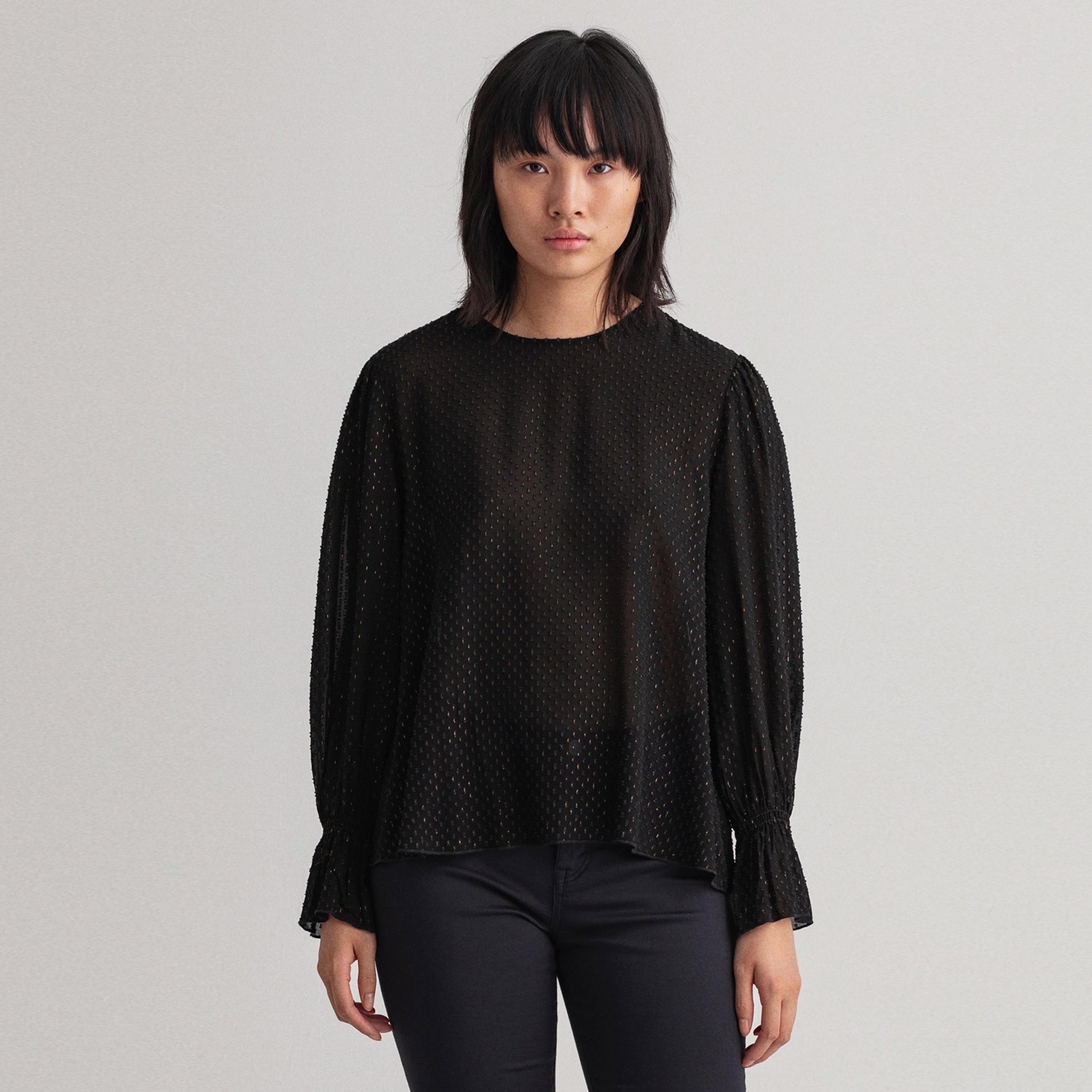 GANT Kadın Siyah Regular Fit Bisiklet Yaka Bluz