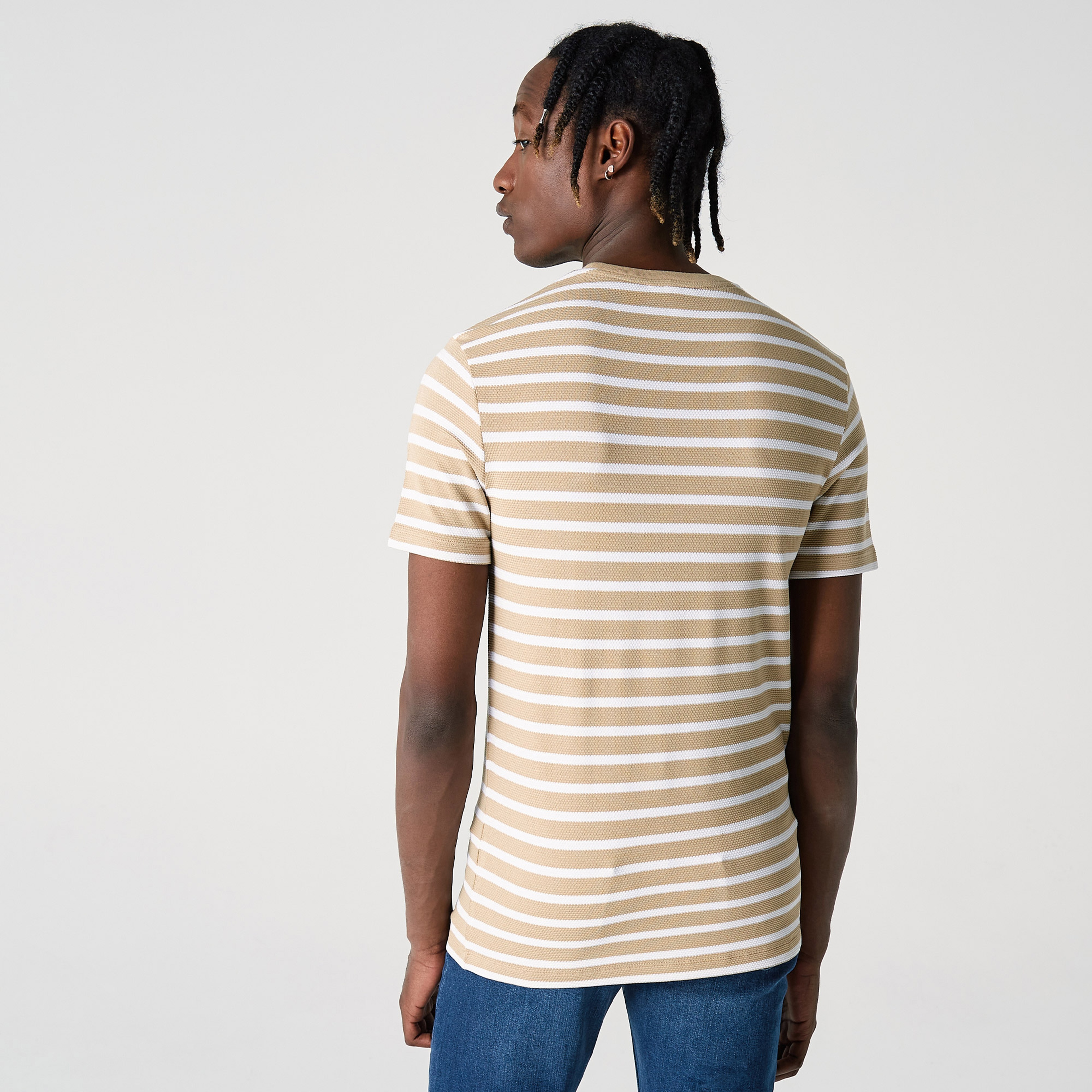 Erkek Slim Fit Bisiklet Yaka Çizgili Kahverengi T-Shirt