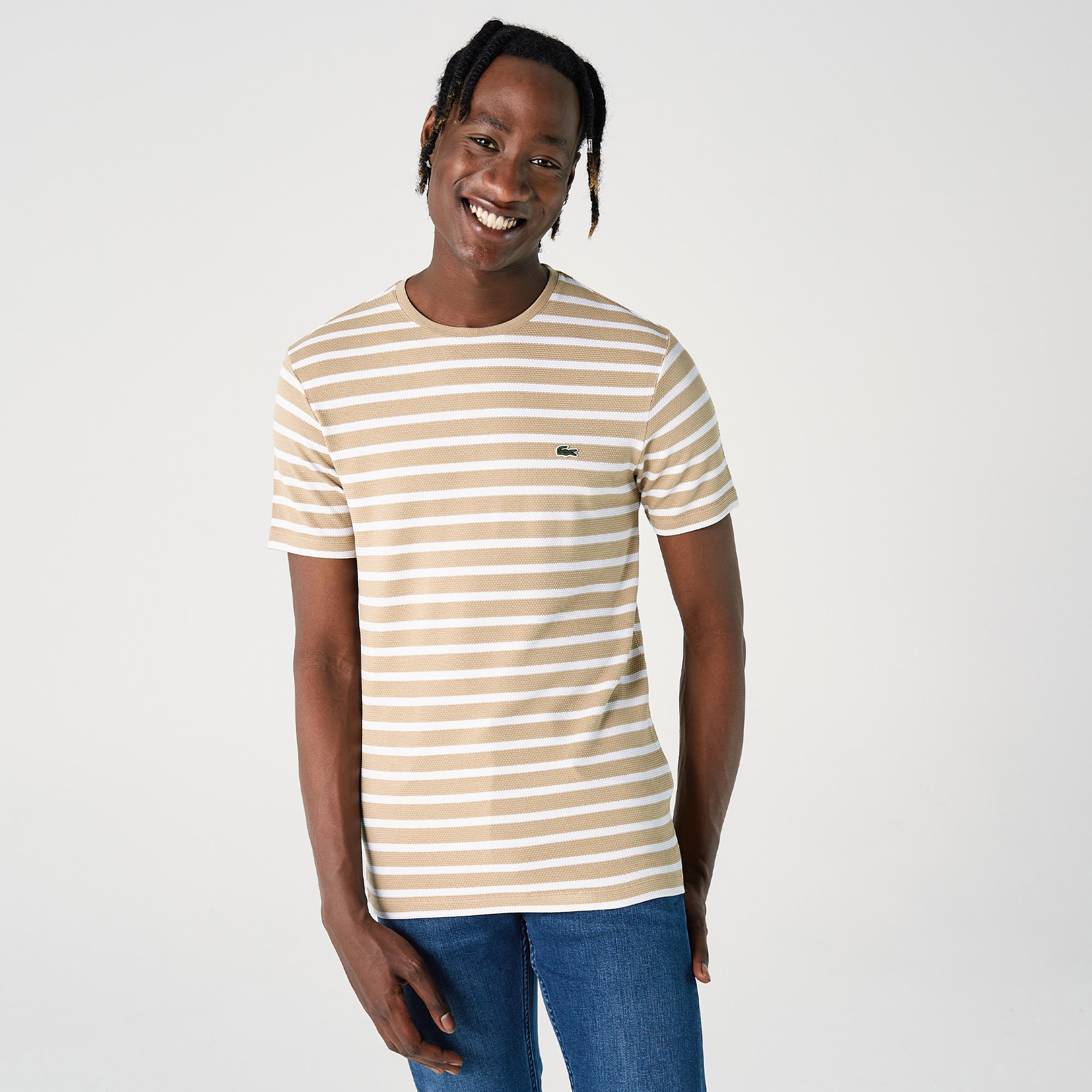 Erkek Slim Fit Bisiklet Yaka Çizgili Kahverengi T-Shirt